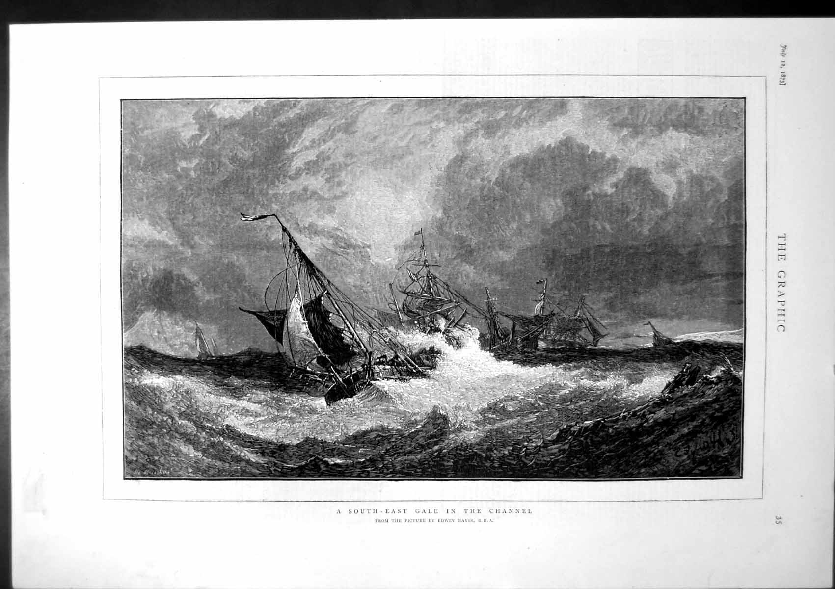 Old Antique Print South East Gale Channel Ships Tossed Edwin Hayes 1873 19th