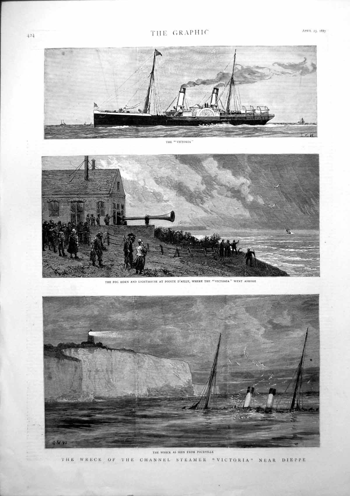 Old Print Wreck Channel Steamer Victoria Dieppe Fog Horn Lighthouse 1887 19th
