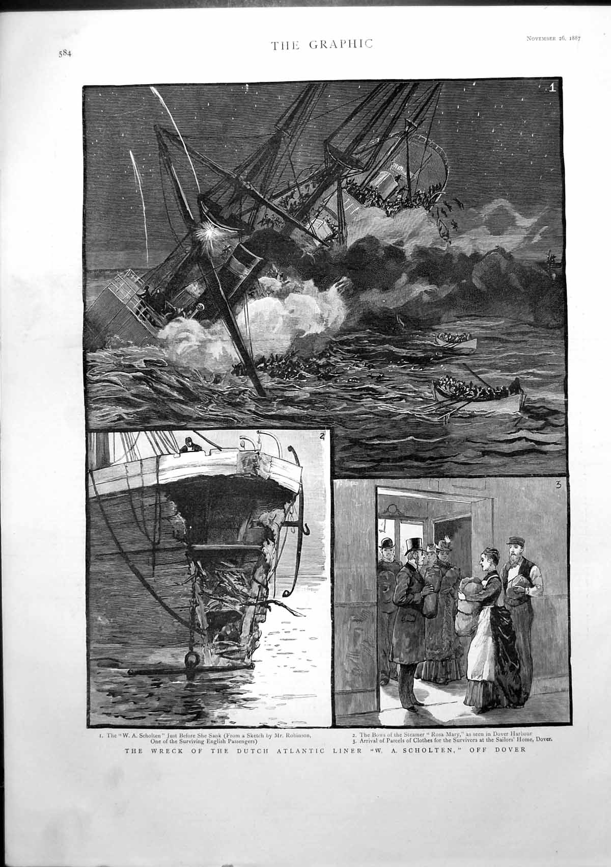 Old Antique Print Wreck Dutch Atlantic Liner W A Scholten Off Dover 1887 19th