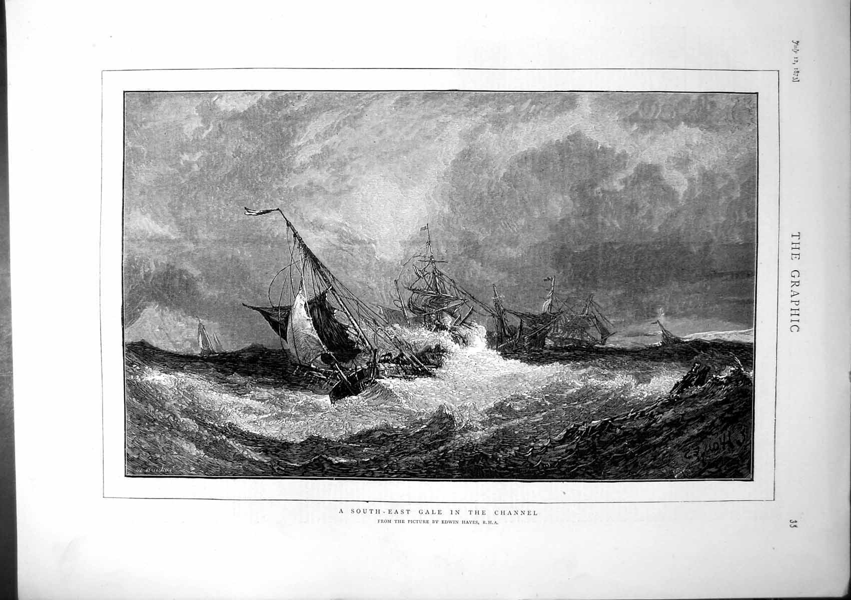 Antique Old Print Ships Danger Storm South East Gale Channel Edwin Hayes 1873