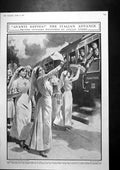 Antique Old Print Avanti Savoia British Gunners Welcomed Italian Nurses 1917