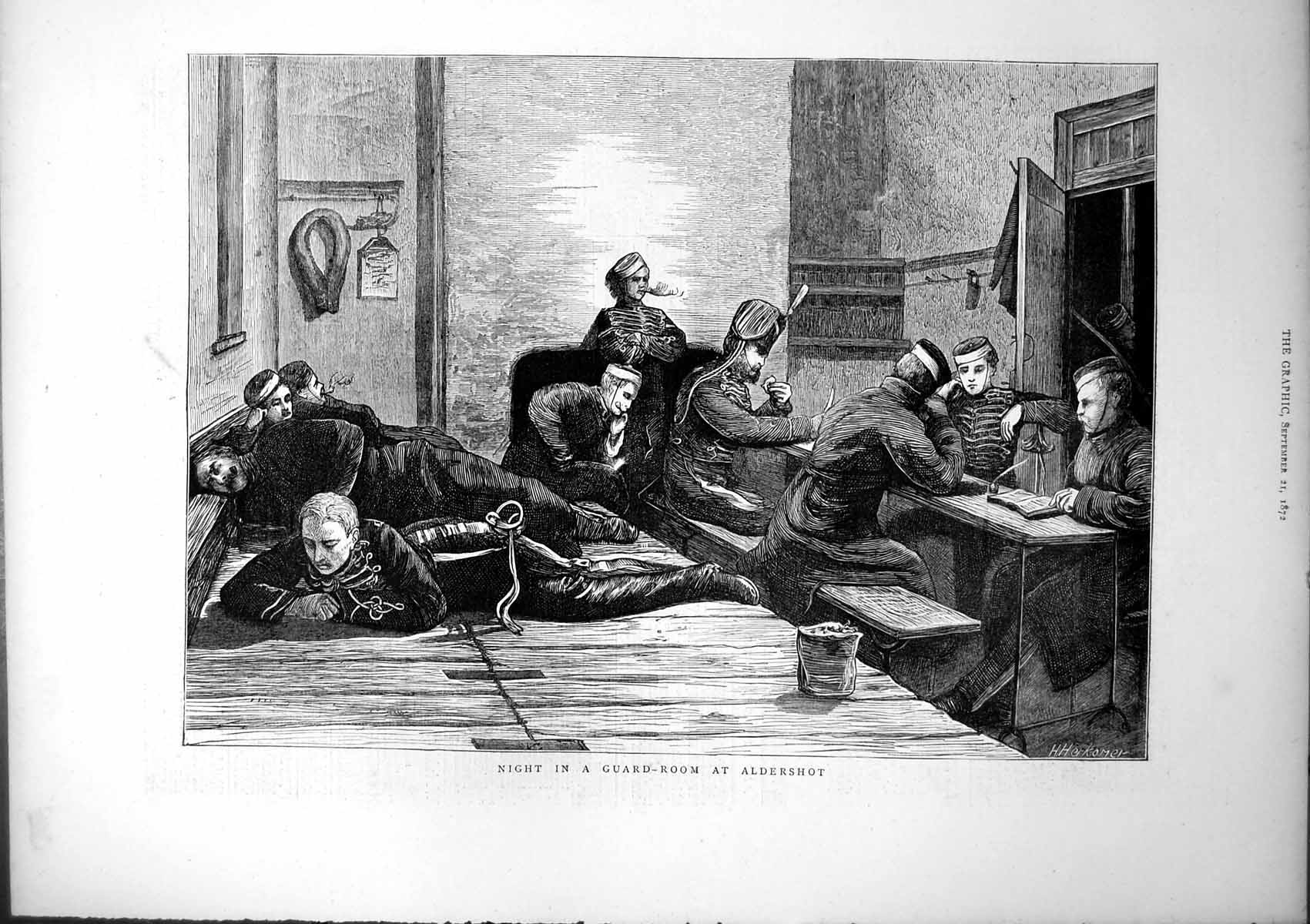 Old Antique Print Night Guard Room Aldershot Sleeping Boards Chairs 1872 19th