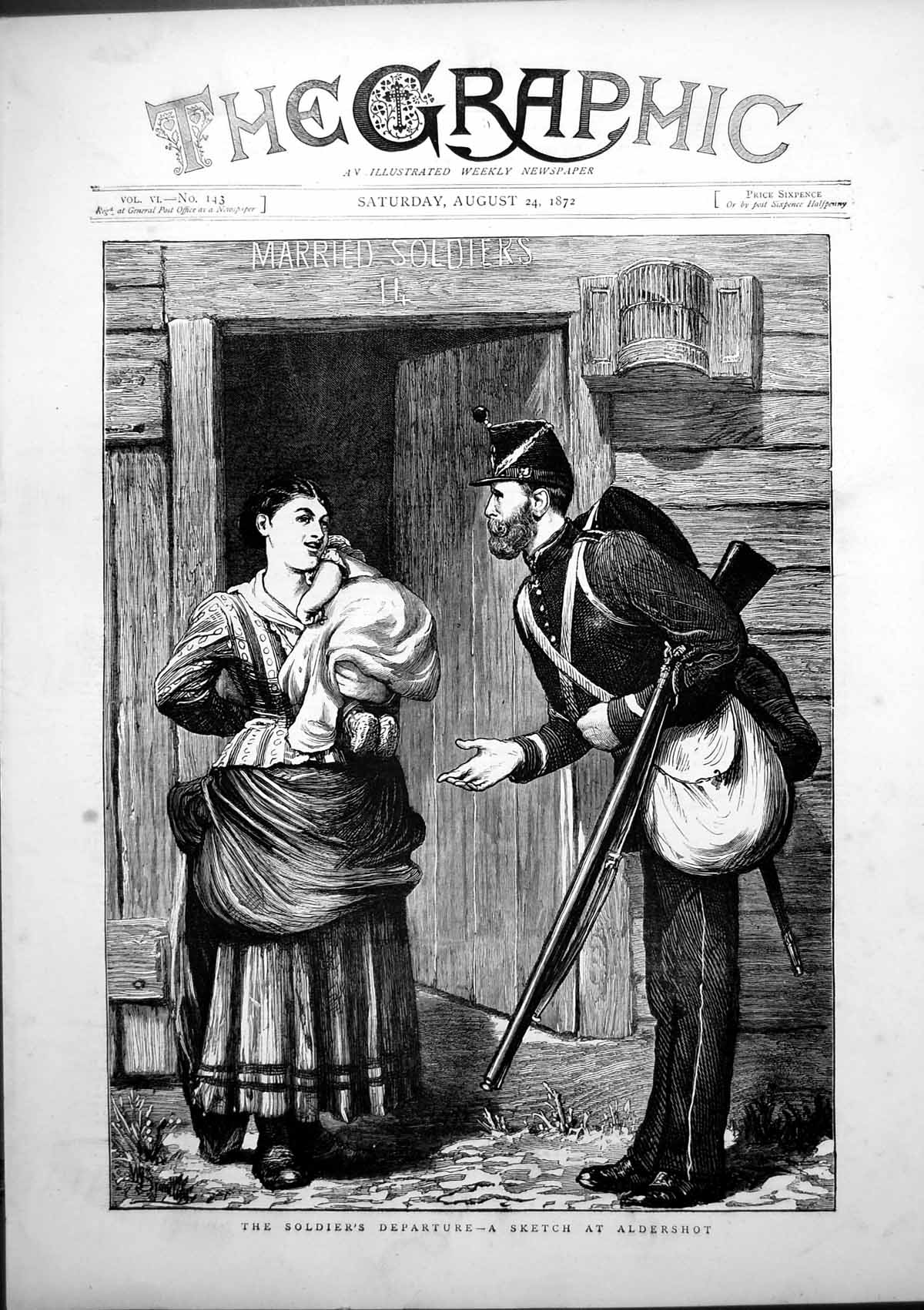 Antique Old Print Siers Departure Sketch Aldershot Leaving Wife Child 1872 19th