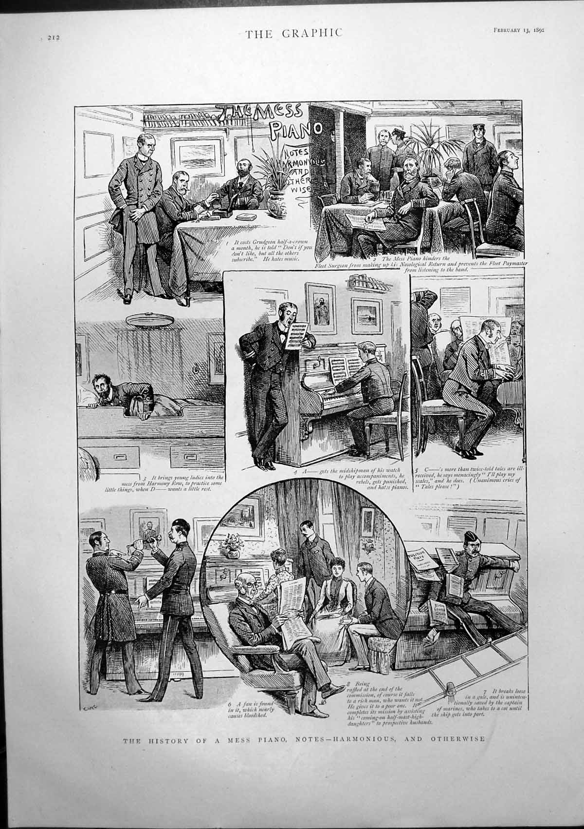 Original Old Antique Print History Mess Piano Notes Harmonious Otherwise 1892