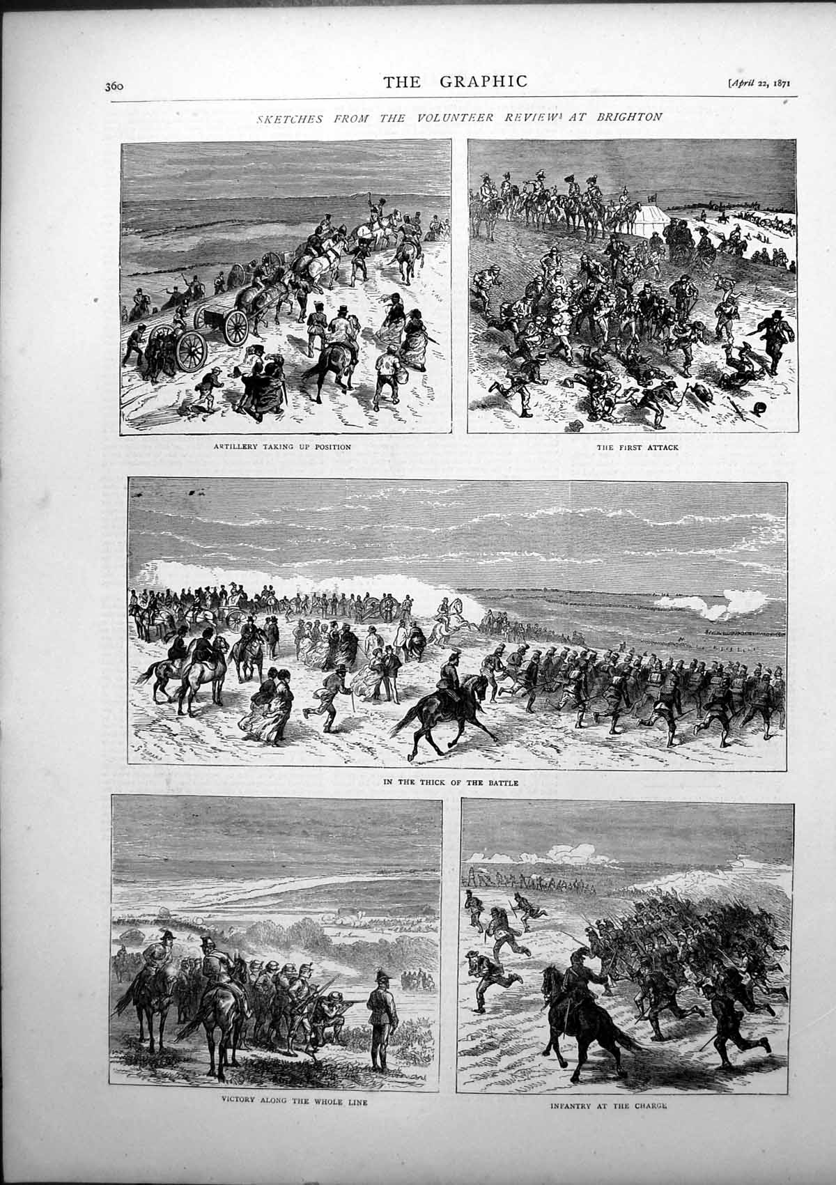 Old Print Volunteer Review Brighton Artillery Position Attack Battle 1871 19th