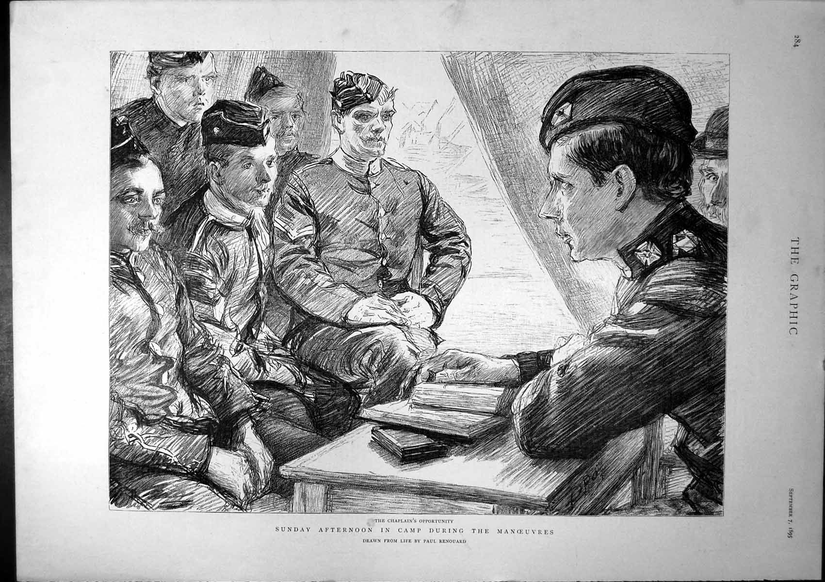 Old Antique Print Sunday Afternoon Camp During Manoeuvres Chaplain 1895 19th