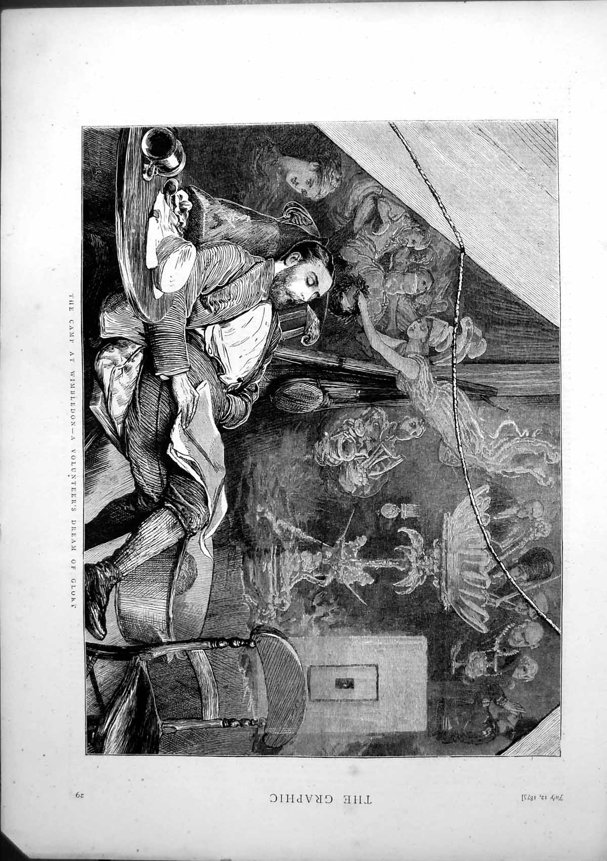 Original Old Antique Print Camp Wimbledon Volunteers Dream Glory 1873 Victorian