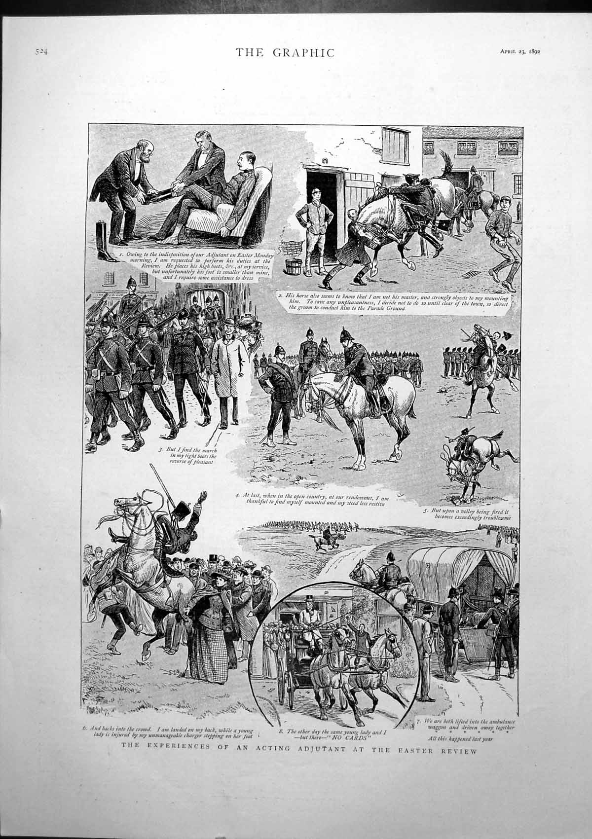 Old Print Experiences Acting Adjutant Easter Review Falls Off Horse 1892 19th