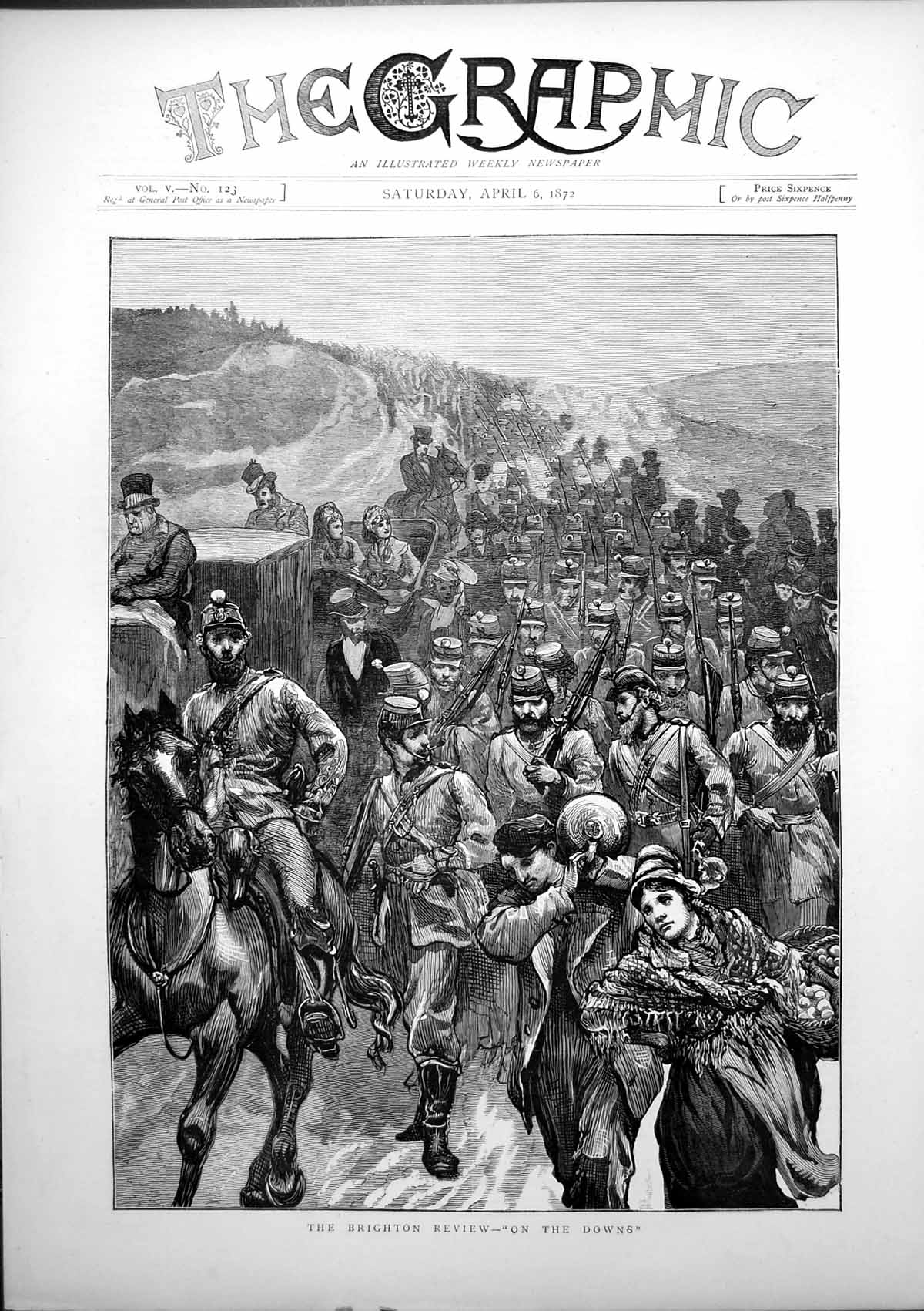 Original Old Antique Print Brighton Review On The Downs Marching Down Hill 1872