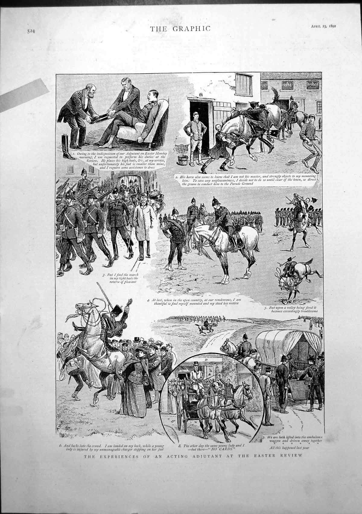 Antique Old Print Experiences Acting Adjutant Easter Review Ambulance 1892 19th