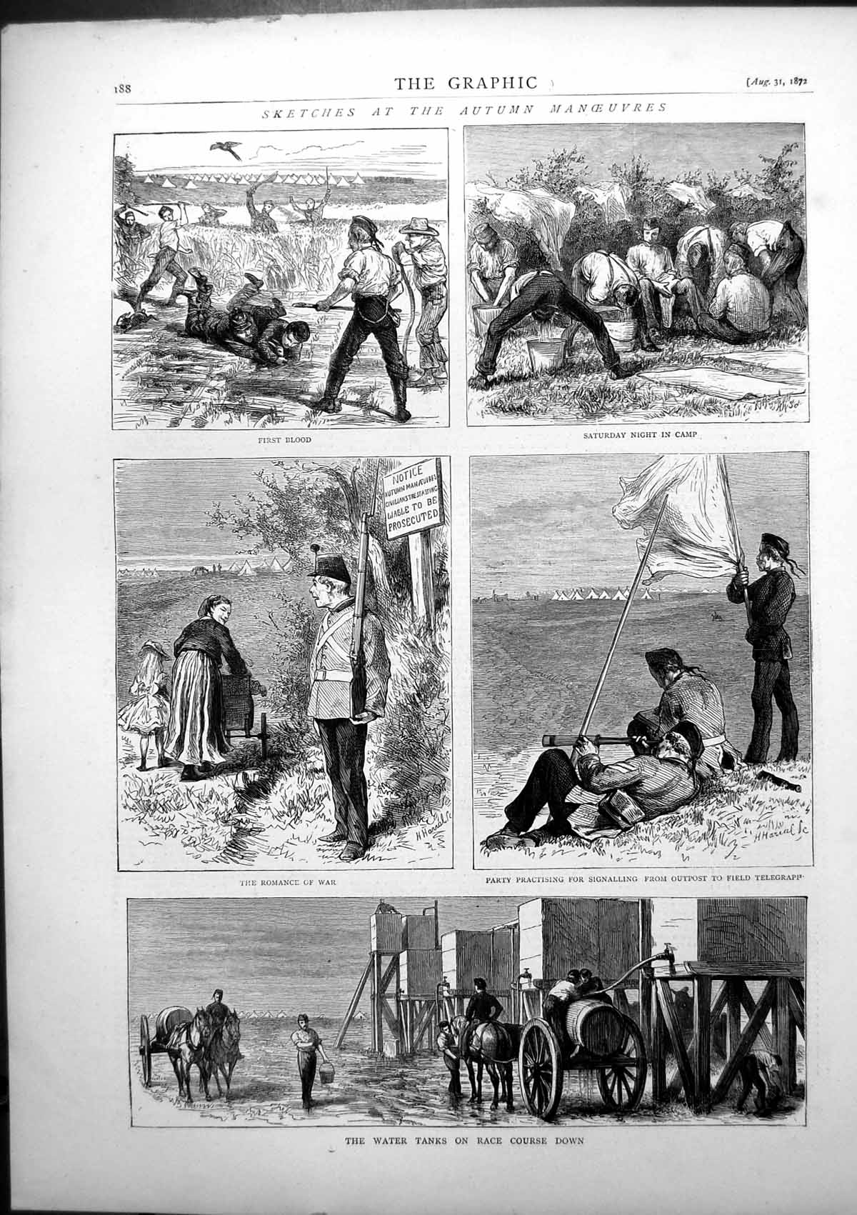 Old Print Autumn Manoeuvres Water Tanks Race Course Down Signalling 1872 19th