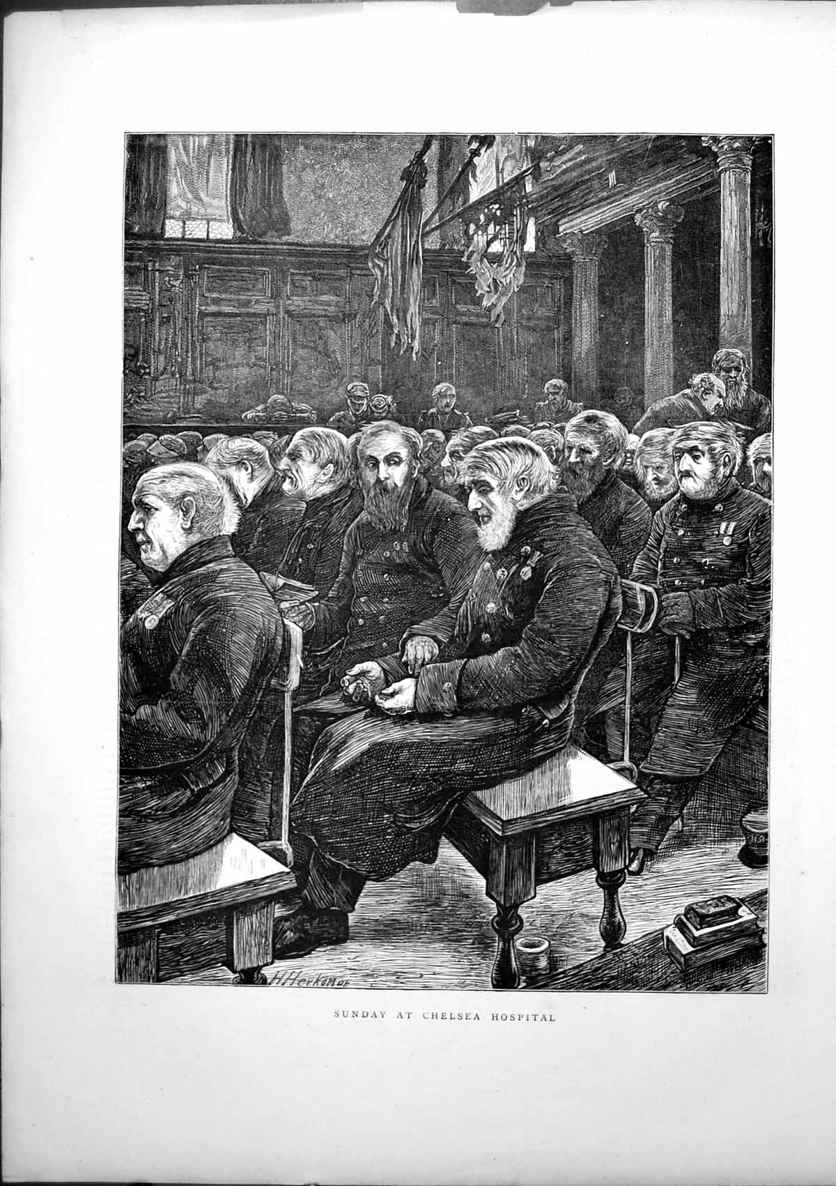 Old Antique Print Sunday Service Royal Hospital Chelsea Pensioners 1871 19th