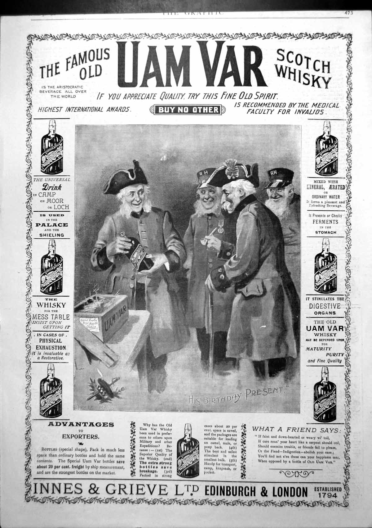 Original Old Antique Print Advert Famous Uam Var Scotch Whisky Invalids 1900