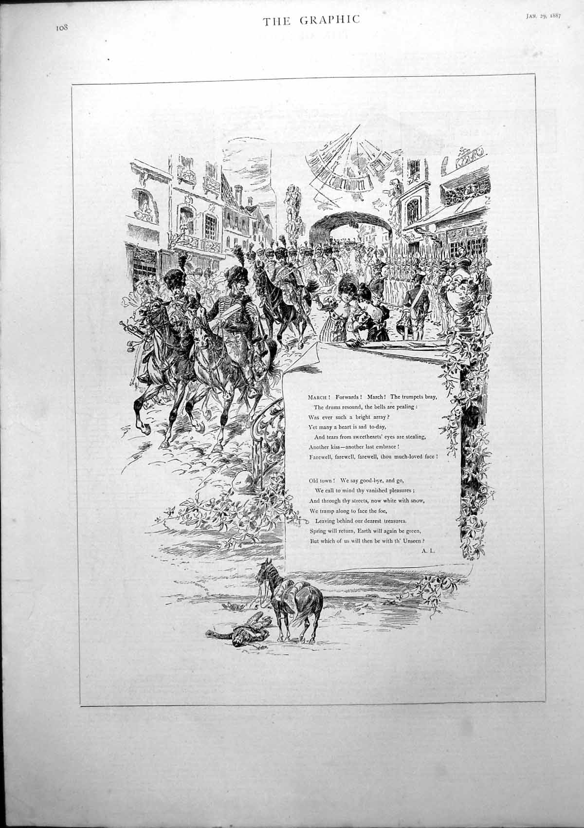 Old Antique Print Poem Siers Going To War Leaving Sweethearts Town 1887 19th
