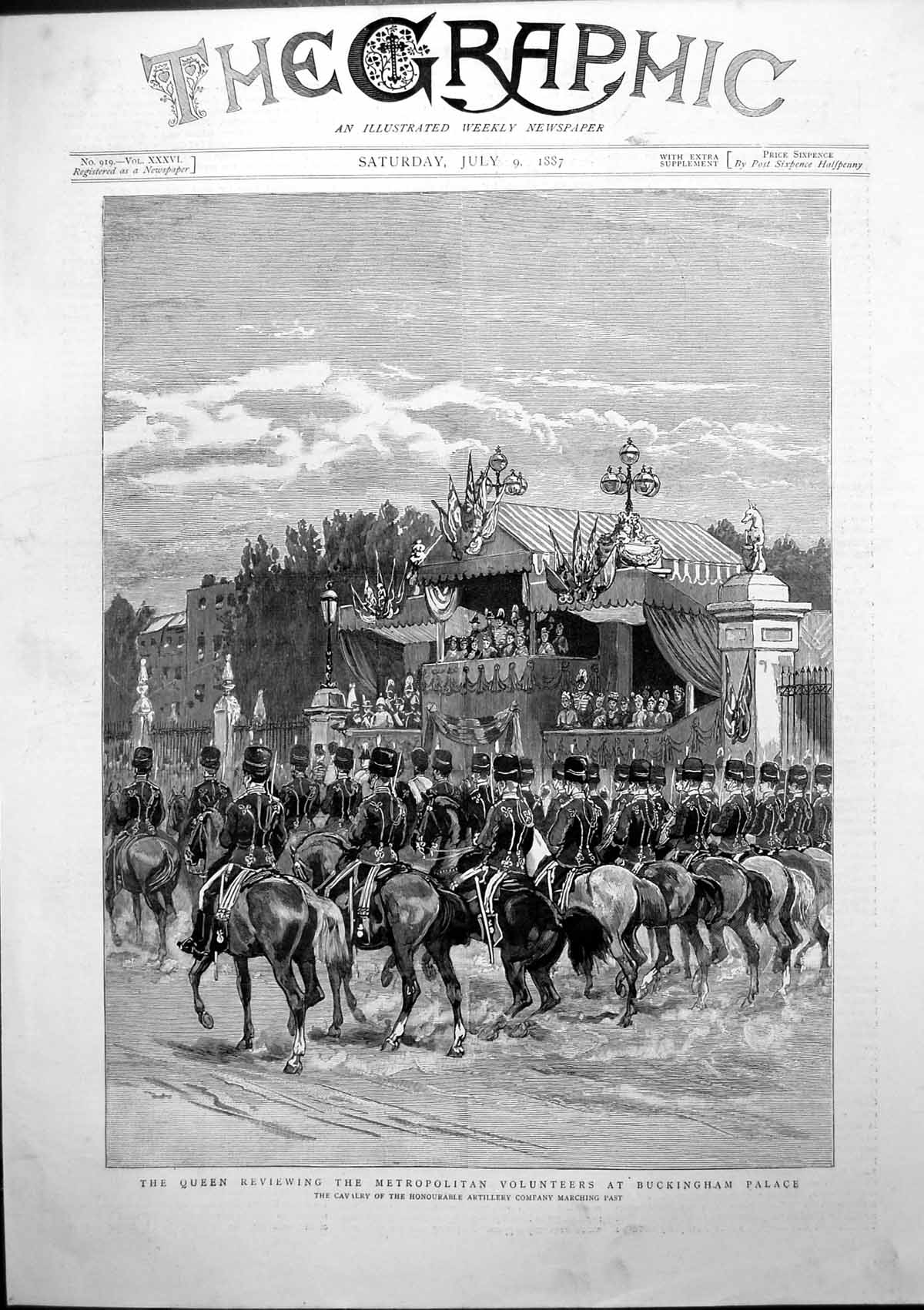 Old Print Queen Reviewing Metropolitan Volunteers Buckingham Palace 1887 19th