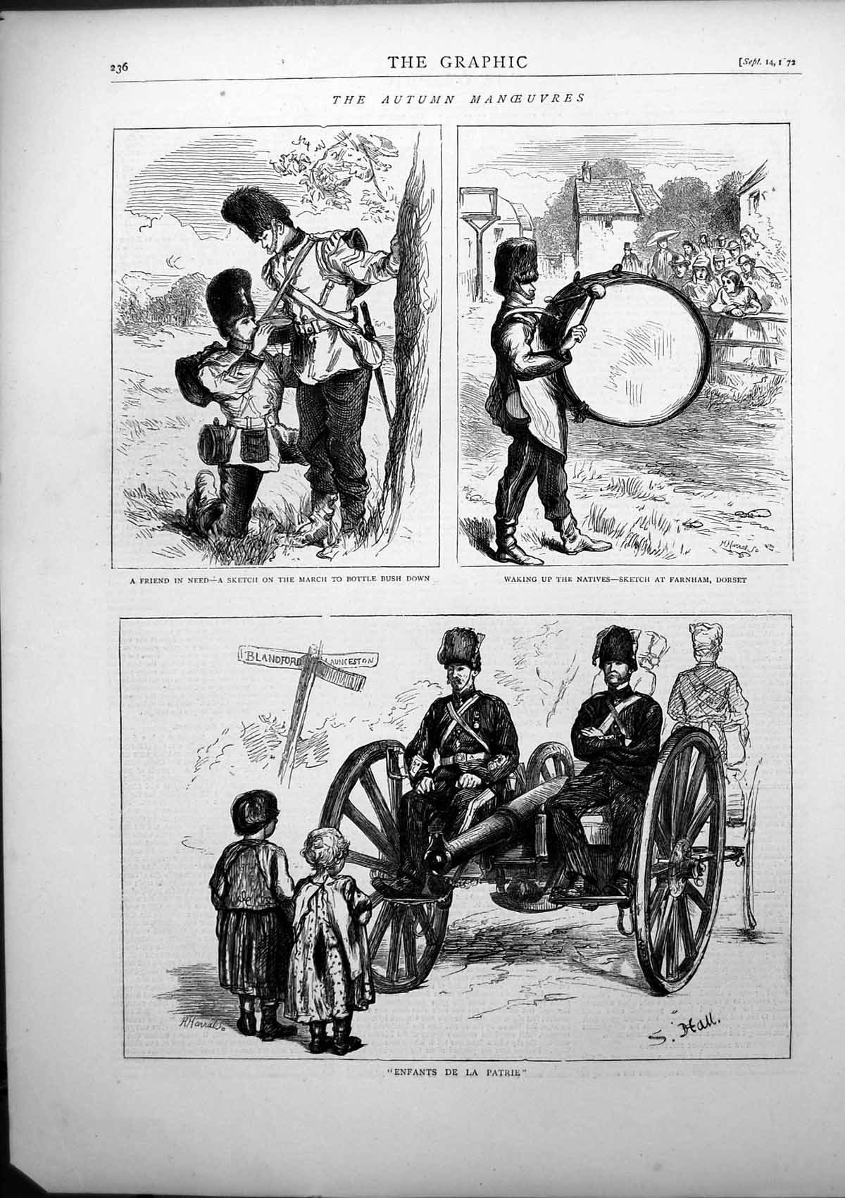 Antique Old Print Autumn Manouvres March Bottle Bush Down Drums Farnham 1872