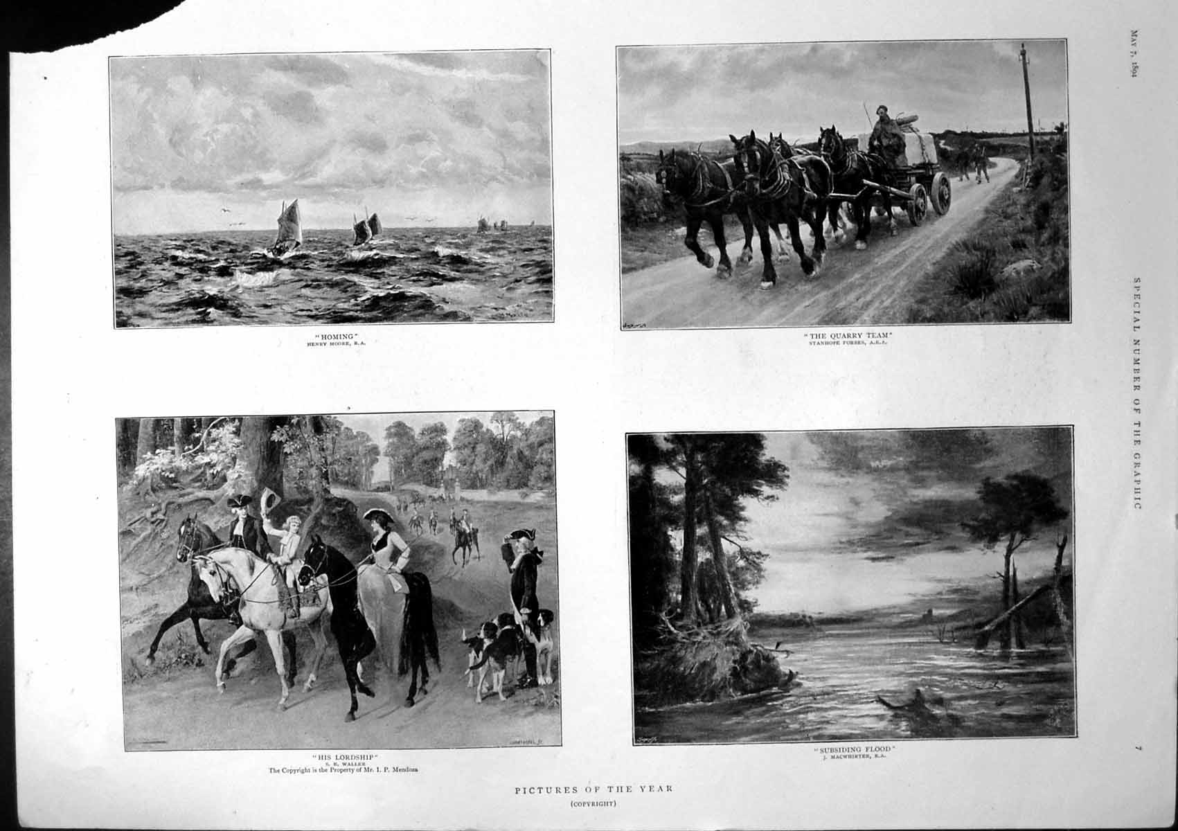 Antique Print Pictures Homing Quarry Team Subsiding Flood Ethel Cohen 1894 19th