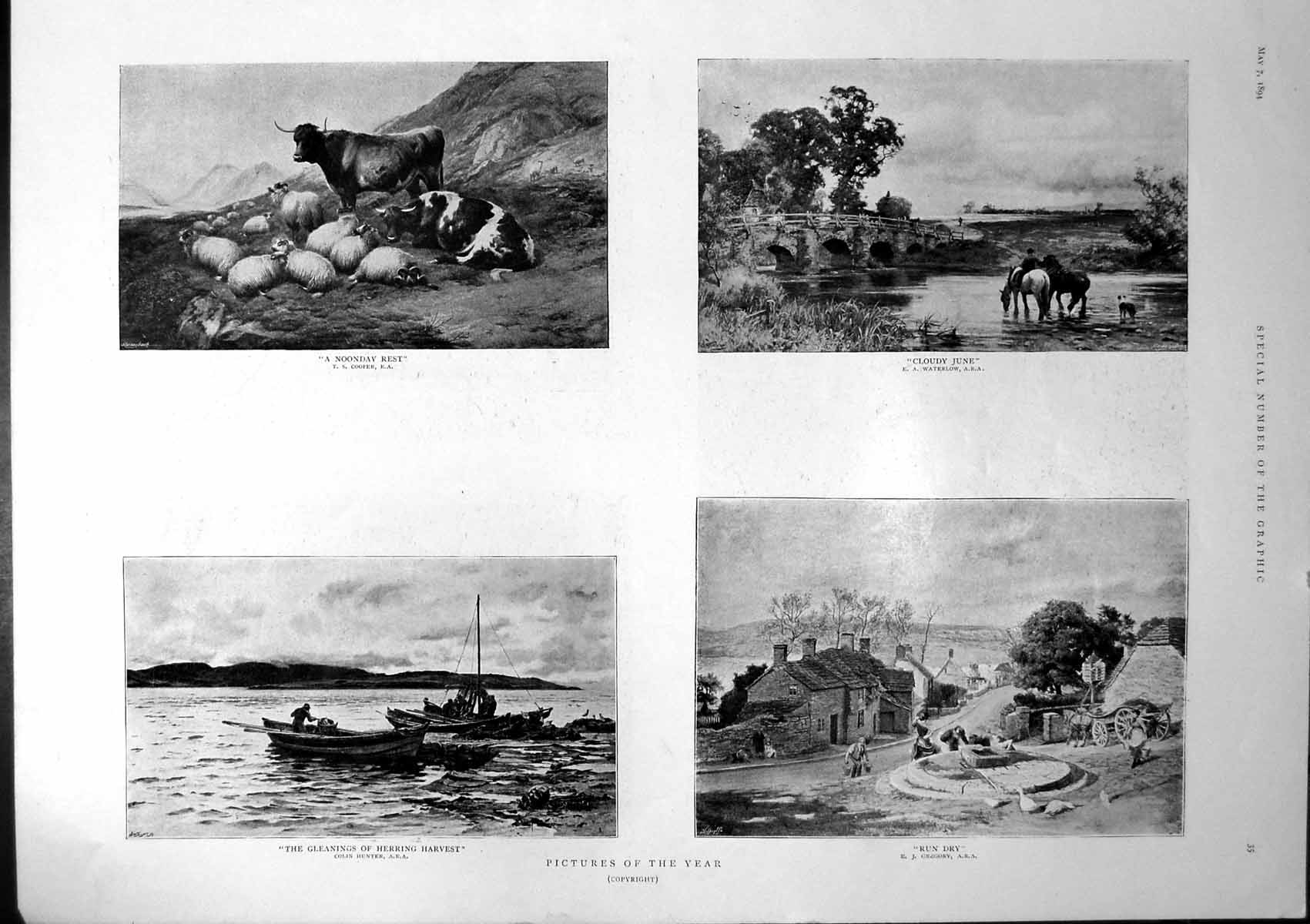 Antique Print Pictures Cloudy June Run Dry Noonday Rest Miss M Wayden 1894 19th