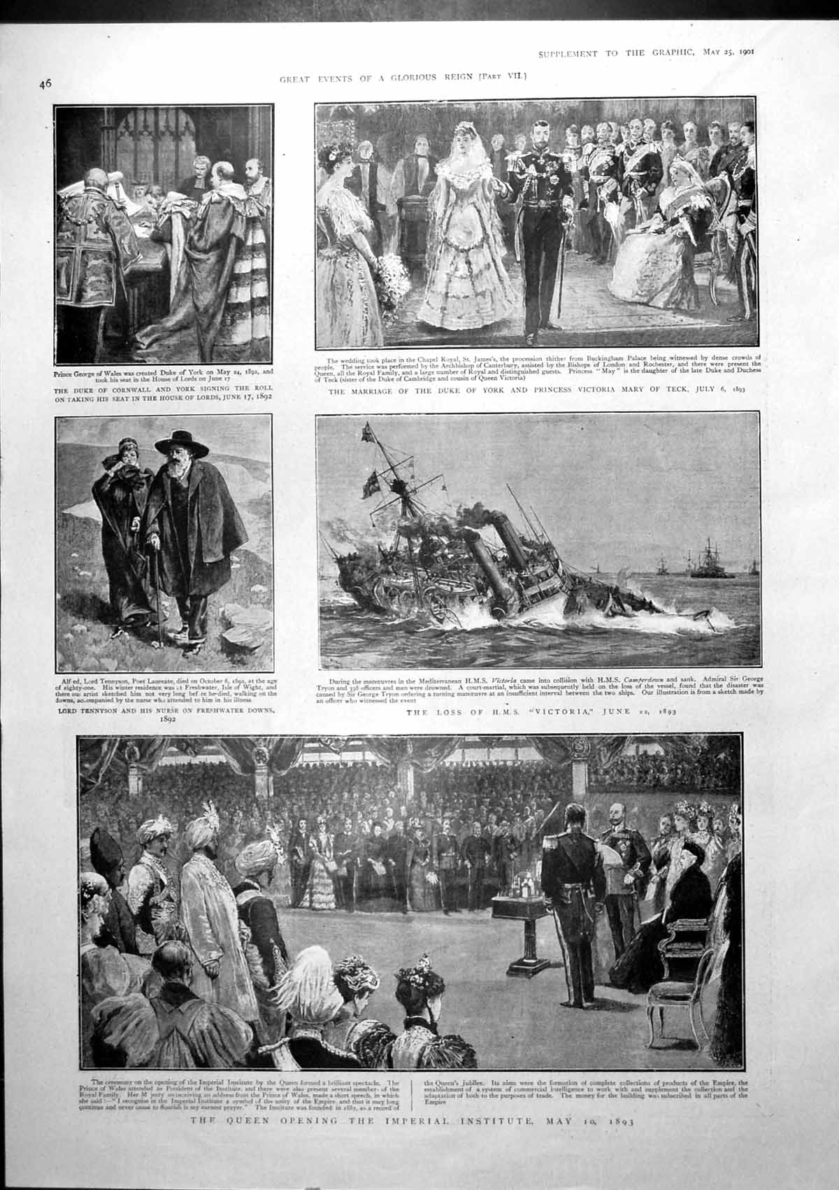 Antique Old Print Queen Opening Imperial Institute Death Duke Clarence 1901