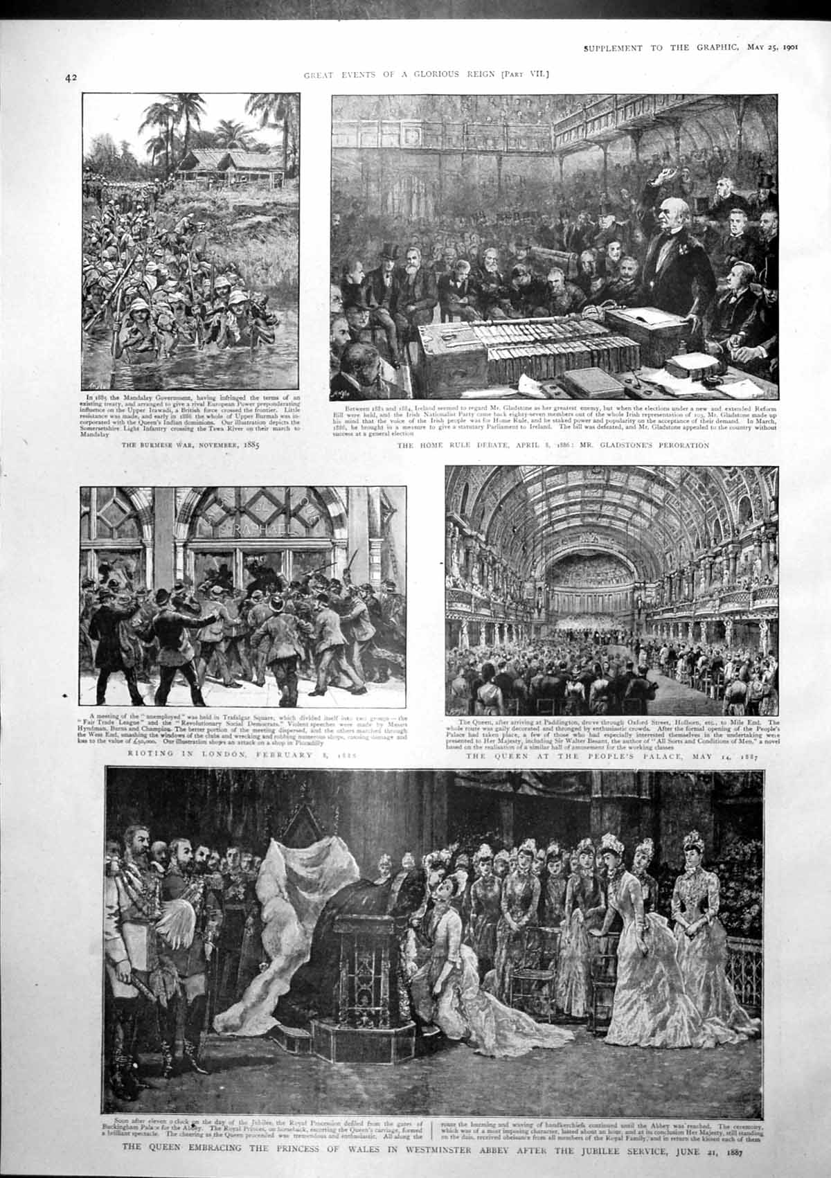 Old Print Queen Peoples Palace Rioting London Rescue General Gordon 1901 20th