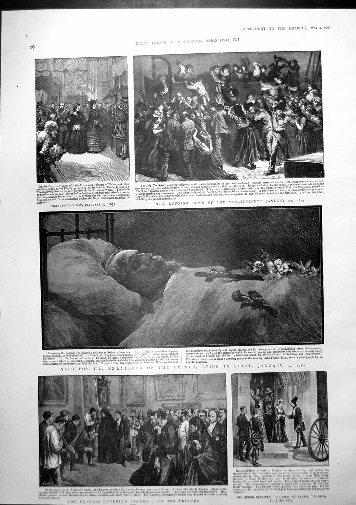 Antique Old Print Napoleon Lying State Queen Shah Persia Charles Dickens 1901
