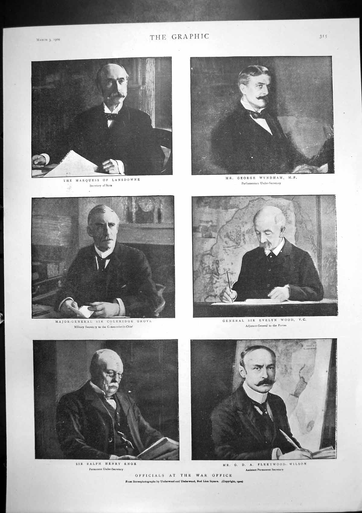 Antique Old Print Ficials War Office Gen Evelyn Wood Marquess Lansdowne 1900