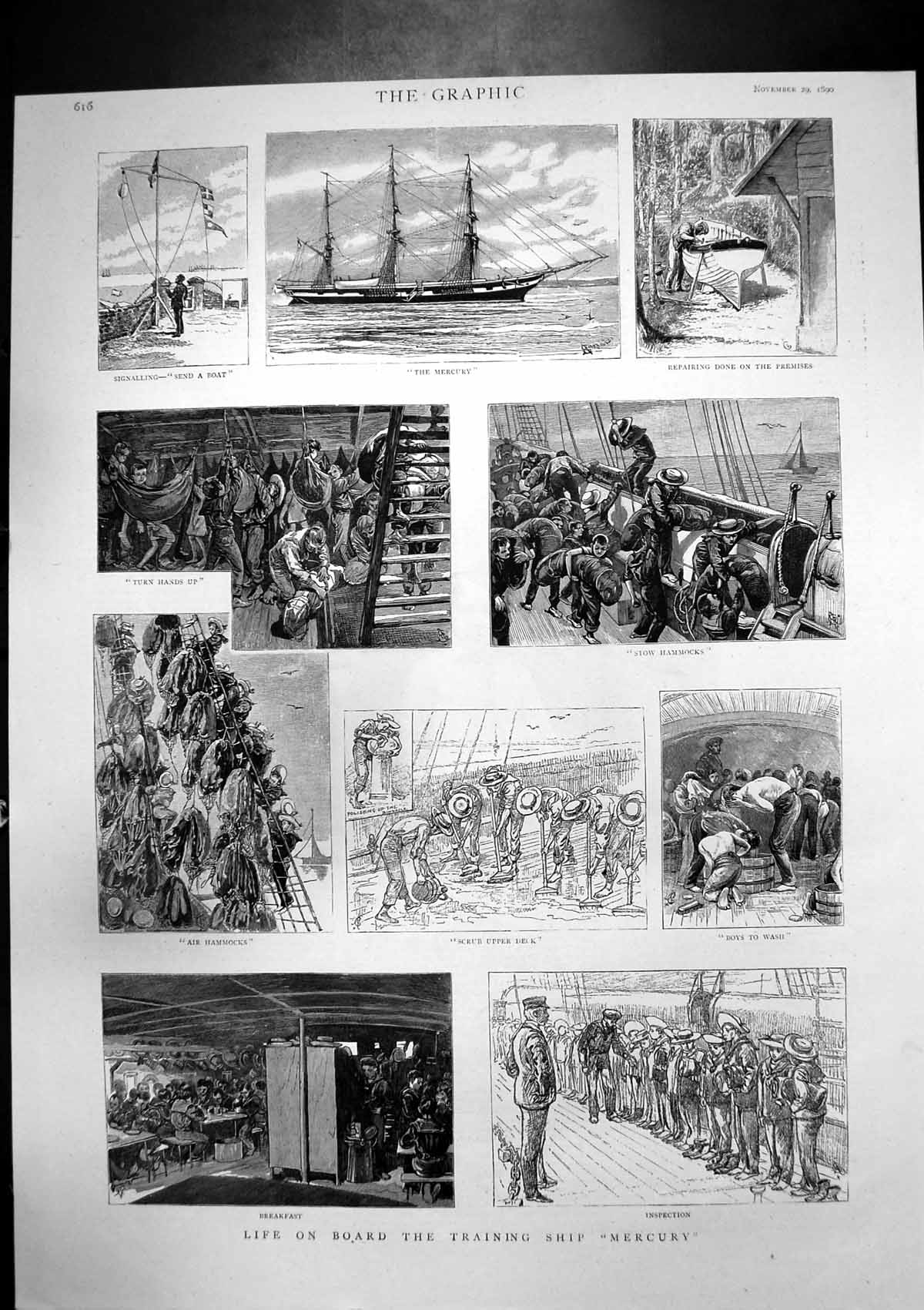 Antique Old Print Life Onboard Training Ship Mercury Lord Lady Rosebery 1890