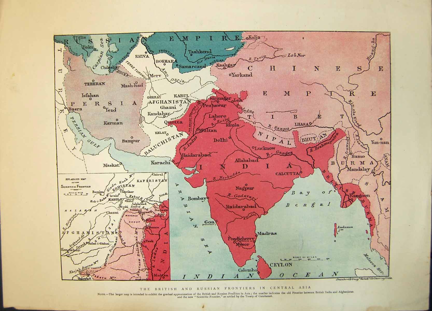 Original Old Antique Print Map British Russian Frontiers Central Asia 1879 19th