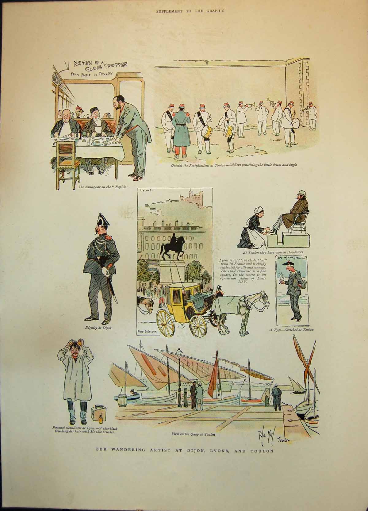 Antique Print Sketches Dijon Lyons Toulon Siers Drum Bugle Shoe Blacks 1893