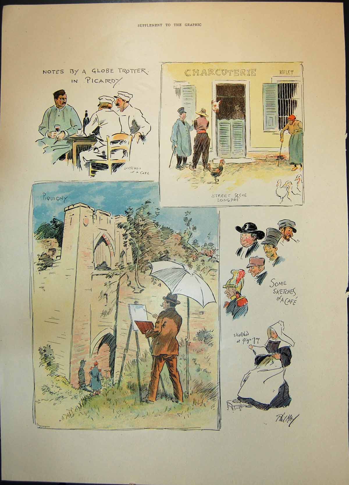 Antique Old Print Sketches Picardy Cafe Piquigny Street Scene Longpre 1893 19th