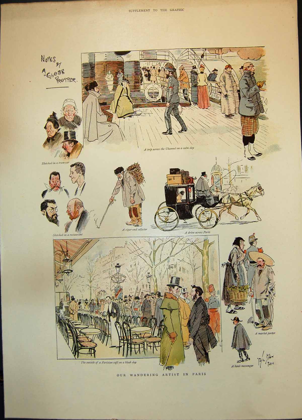 Antique Print Notes Globe Trotter Paris Cafe Cross Channel Boat Drive 1893 19th