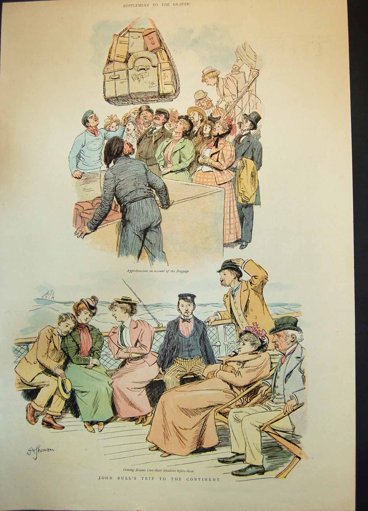 Antique Print John Bulls Trip Continent Apprehension Baggage Sad Boat C1882