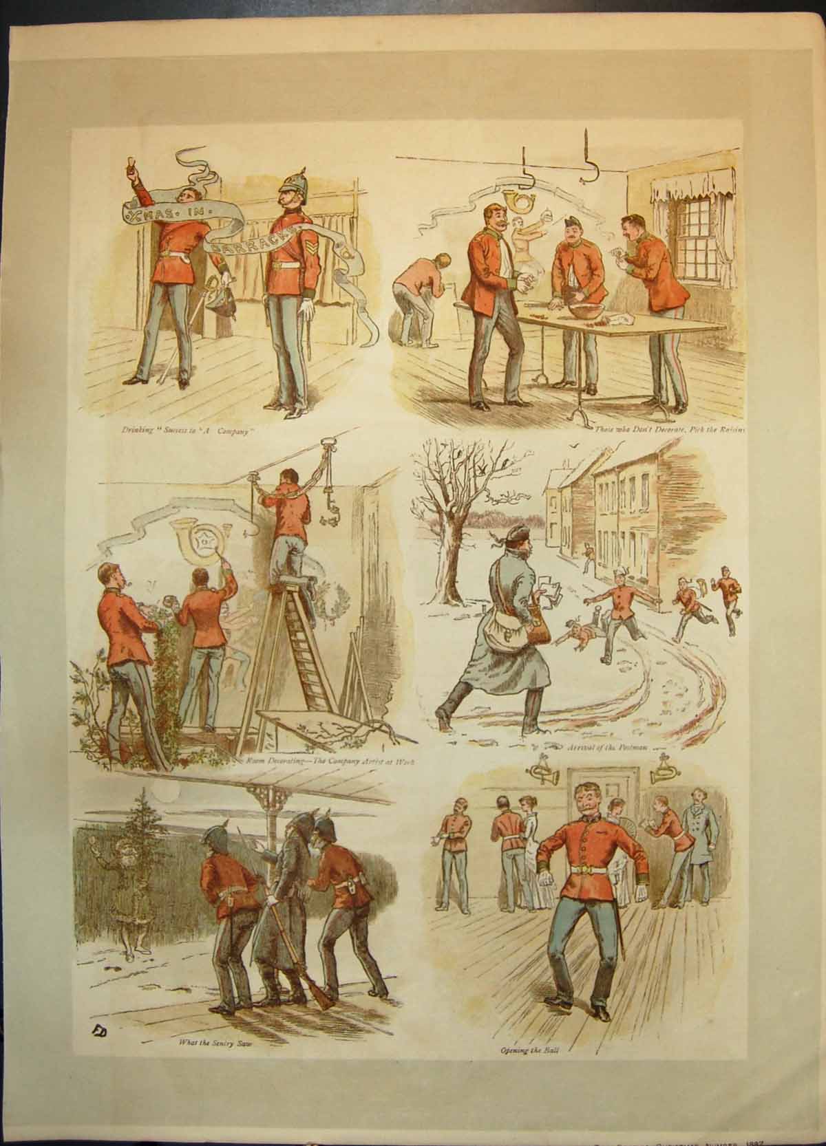 Antique Print Xmas Barracks Room Decorating Cake Postman Opening Ball 1887 19th