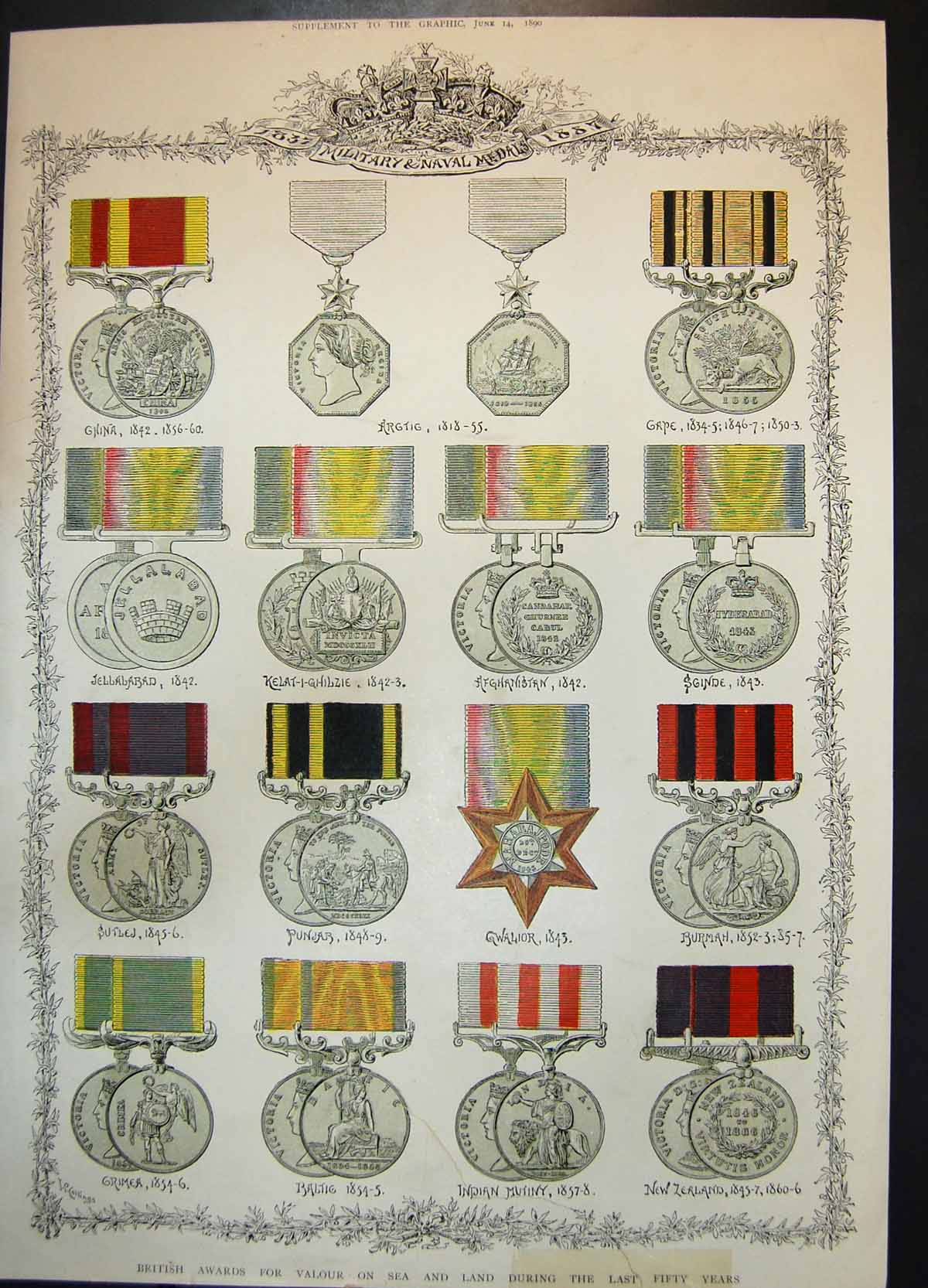 Antique Old Print Military Naval Medals 1837-1887 British Awards Valour 1890