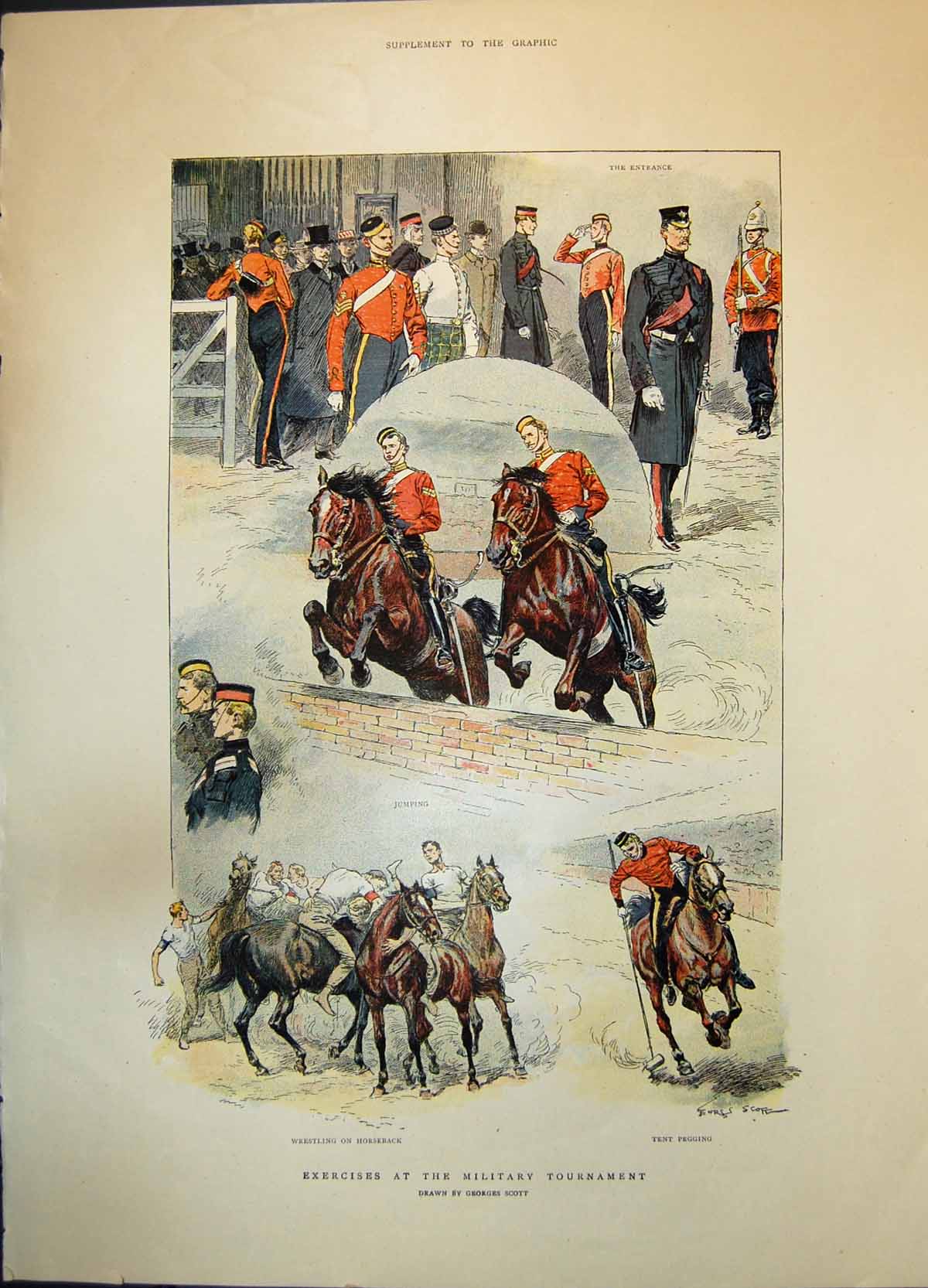 Old Exercises Military Tournament Jumping Wrestling Horseback C 1890 Victorian
