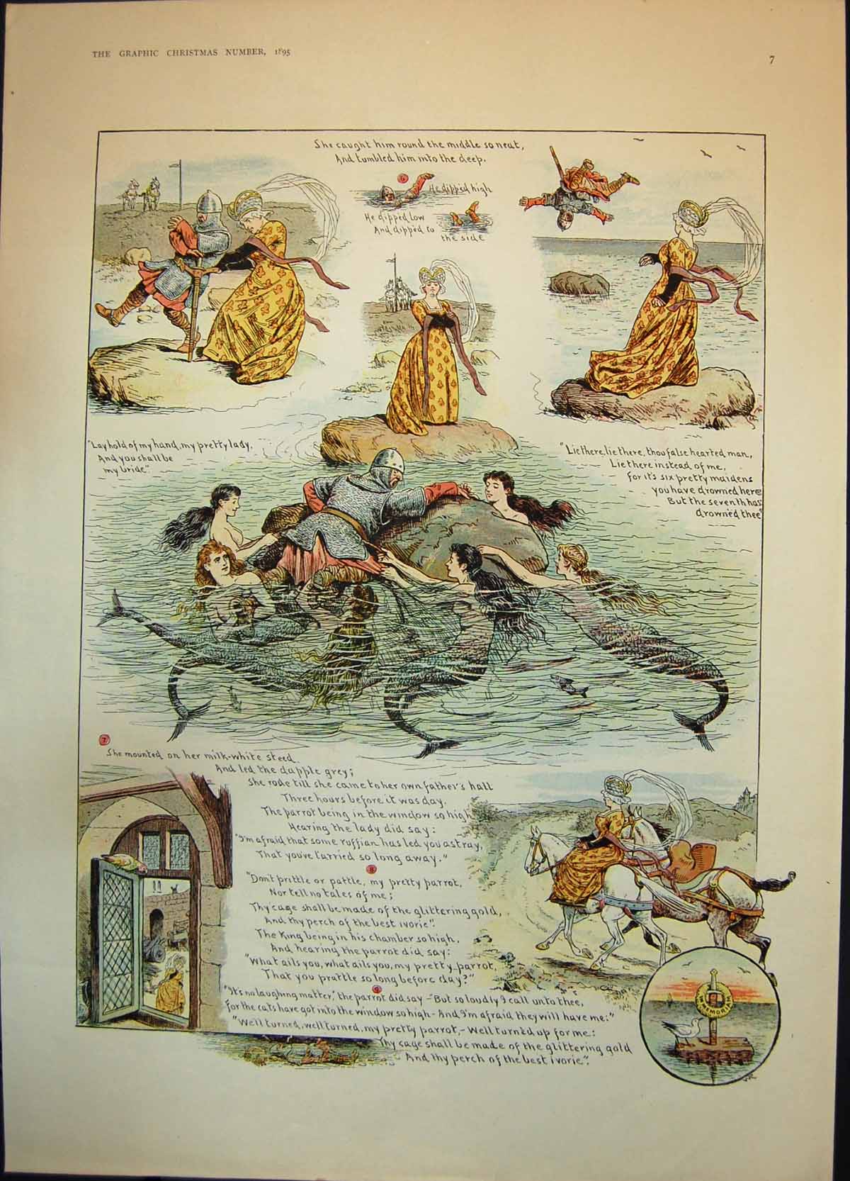 Old Antique Print Sketches Sier Armour Thrown Sea Pretty Lady Parrot 1895 19th