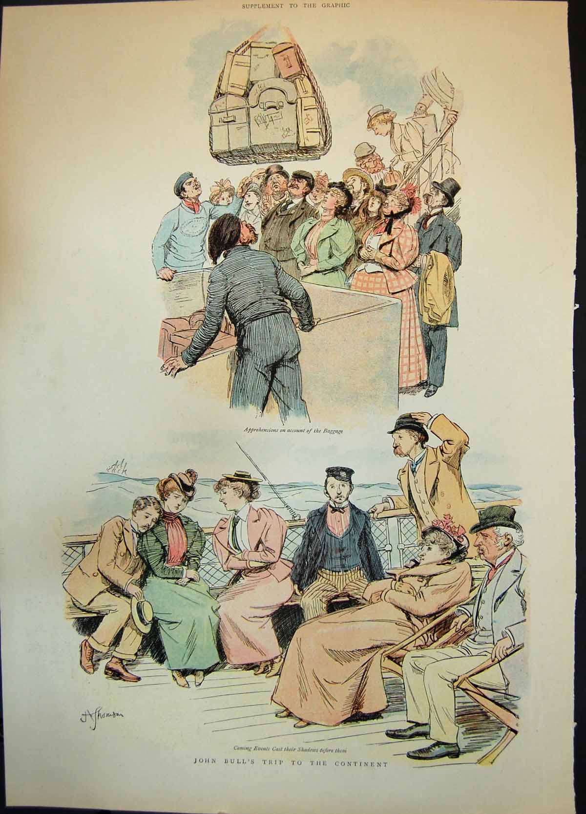Old Print John Bulls Trip Continent Aboard Ship Baggage Looking Sad 1897 19th