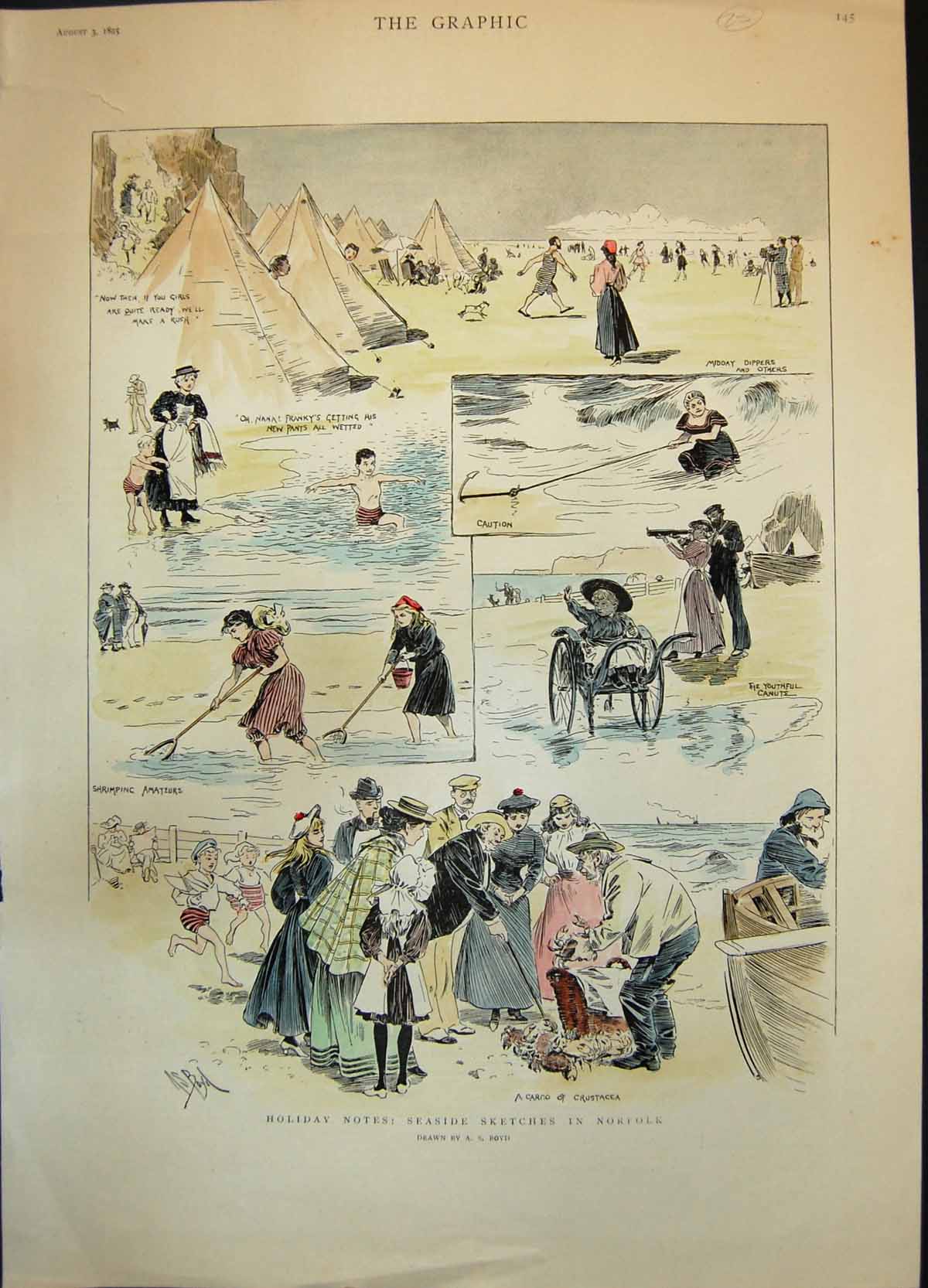 Old Seaside Sketches Norfolk John Roberts Harp Welsh Instruments 1895 Victorian