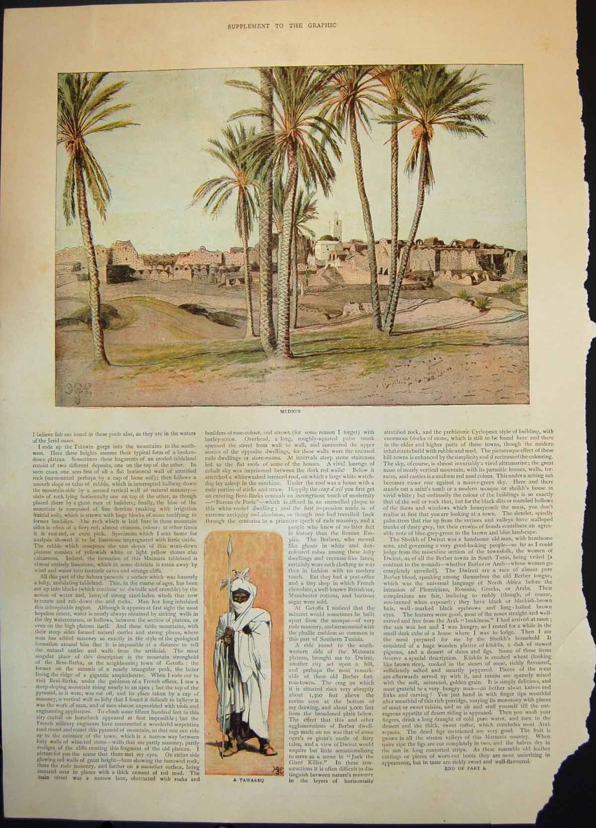 Antique Old Print Mednin Tawareq Berber Wedding Rock Dwelling Shnini C 1890