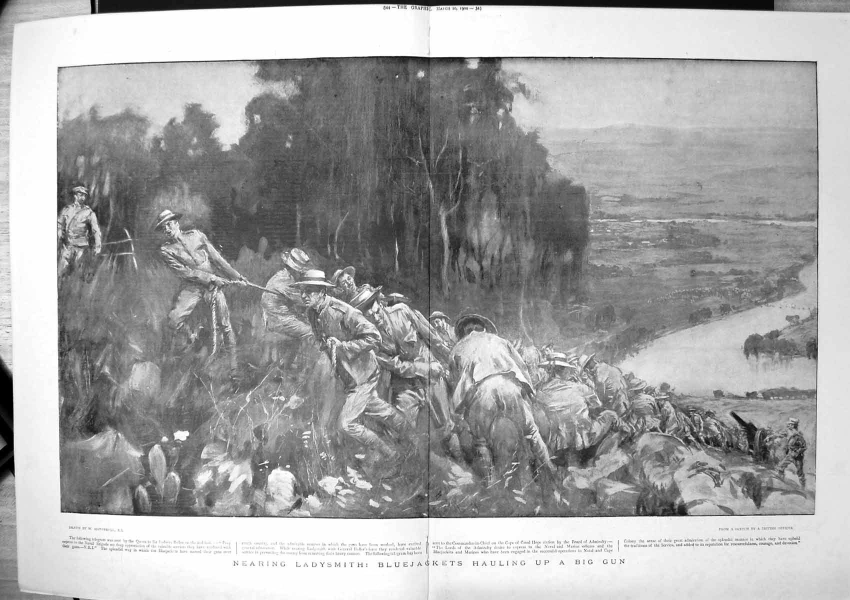Old Print Nearing Ladysmith Bluejackets Hauling Big Gun W Hatherell 1900 20th