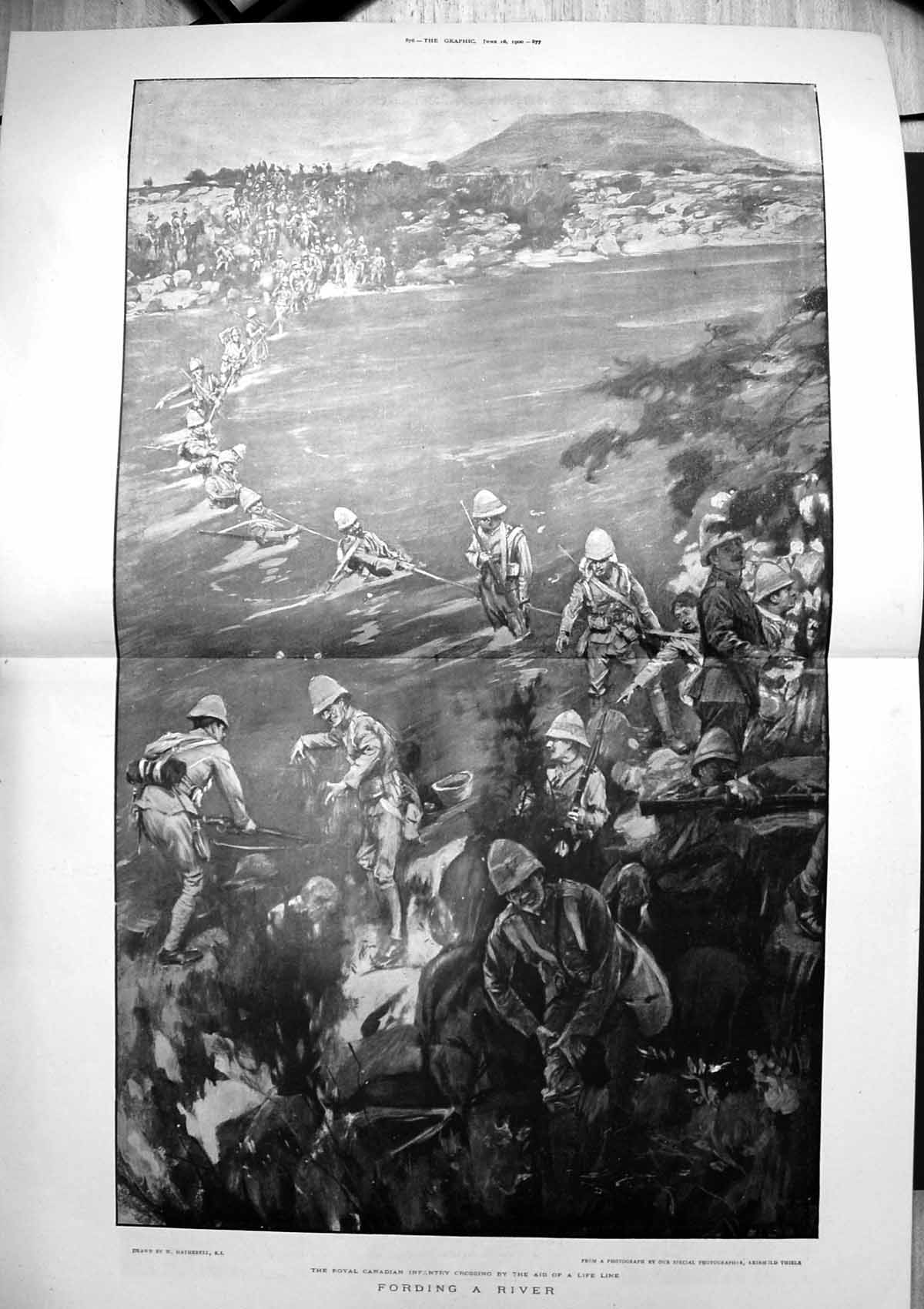Antique Print Fording River Royal Canadian Infantry Crossing Life Line 1900