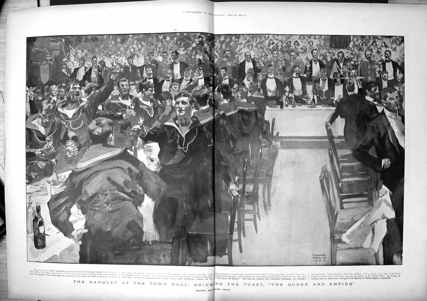 Old Print Banquet Town Hall Drinking Toast Queen Empire Frank Craig 1900 20th