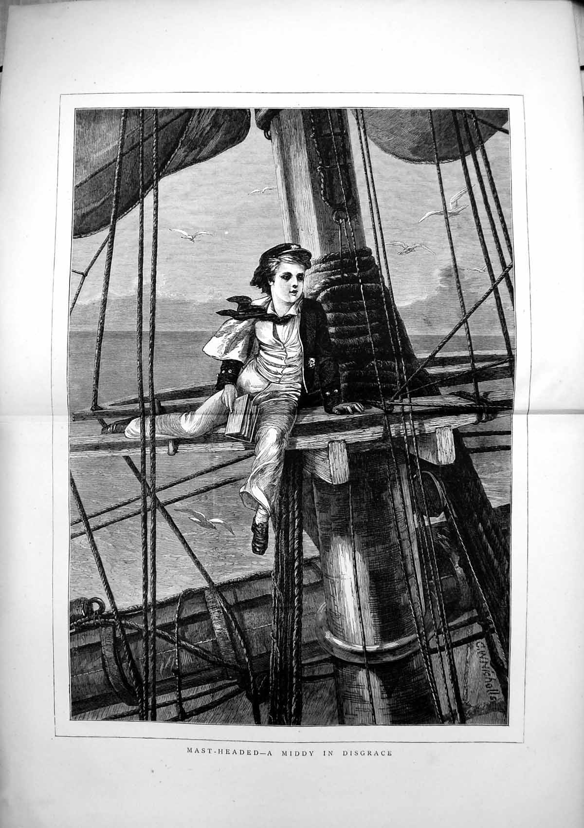 Antique Print Mast Headed Middy In Disgrace Sailor Watch C Nicholls C 1873 19th