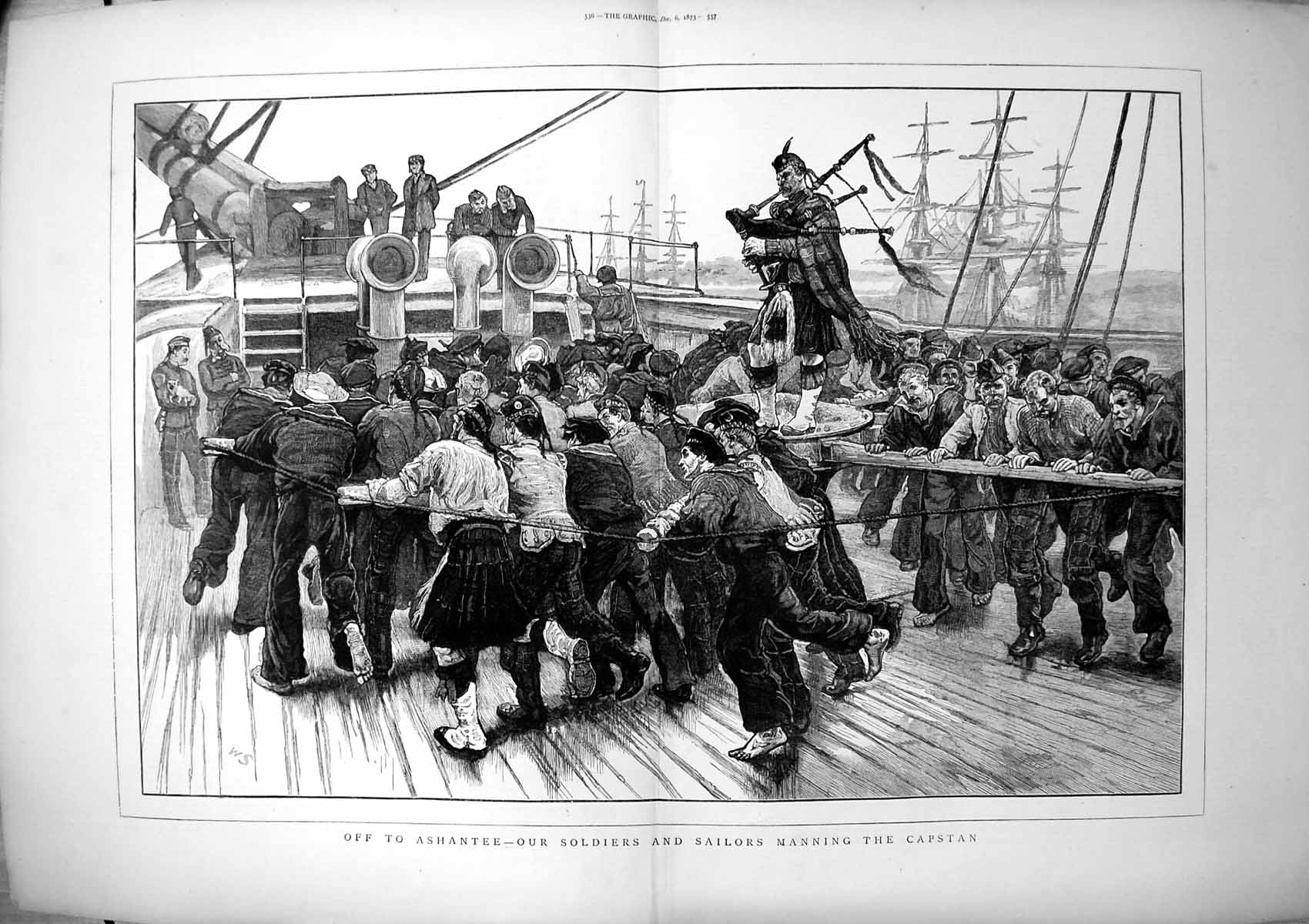 Original Old Antique Print F Ashantee Siers Sailors Manning Capstan 1873 19th