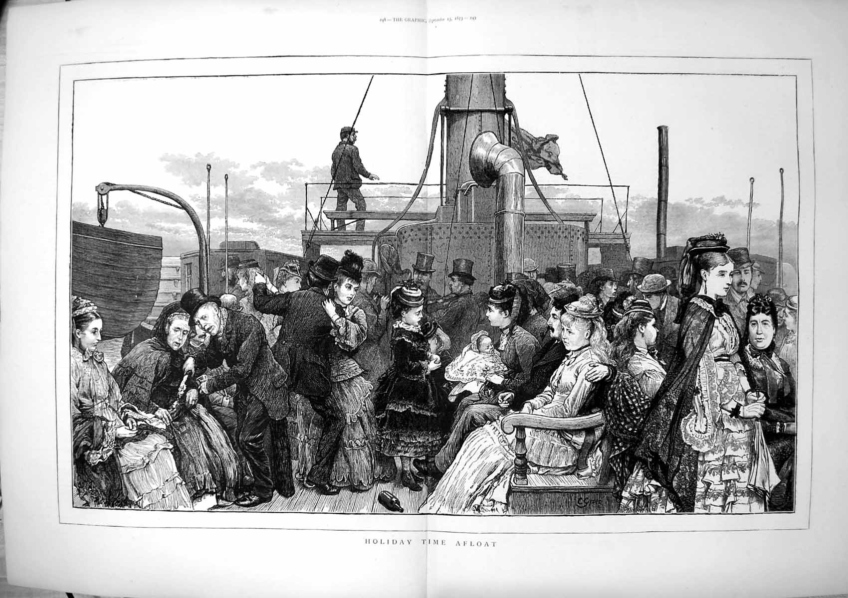 Original Old Antique Print Holiday Time Afloat Families Relax Ship Dancing 1873