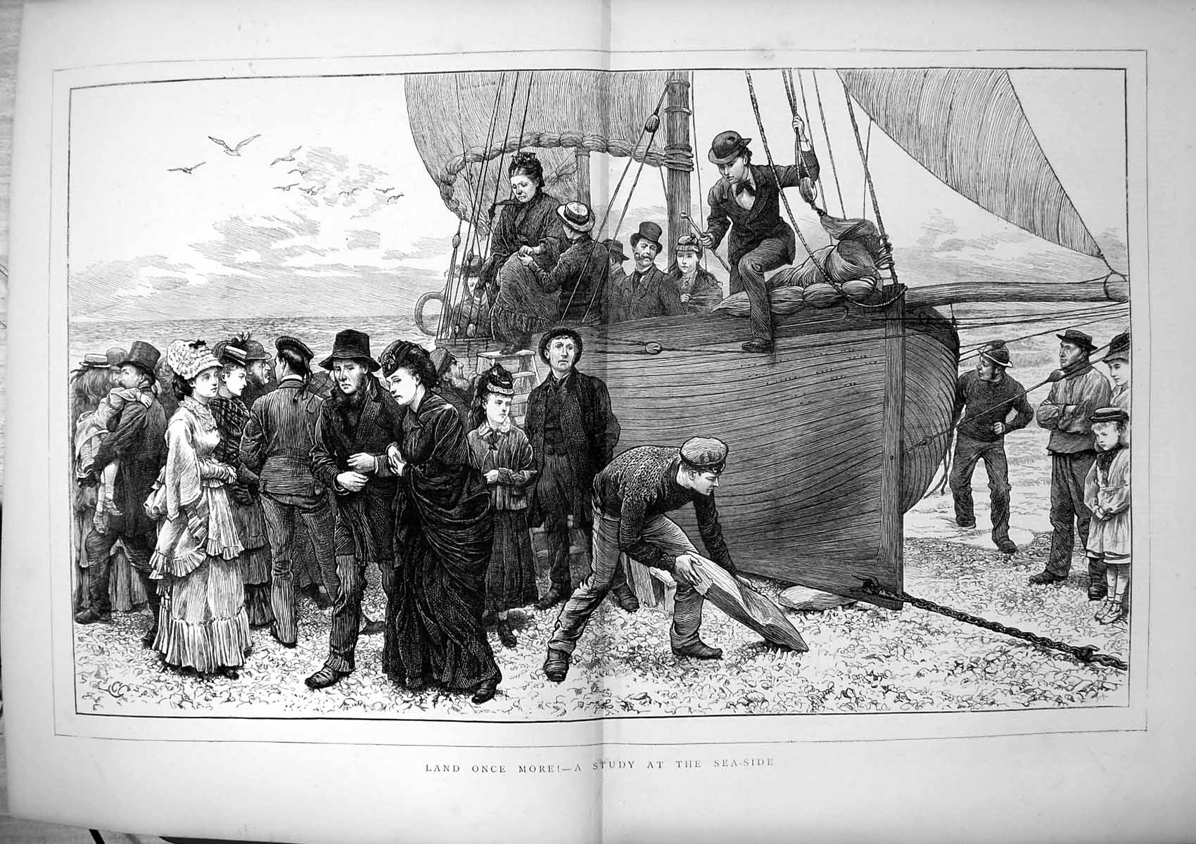 Antique Print Land Once More Study At Seaside Passengers Leaving Ship 1872 19th