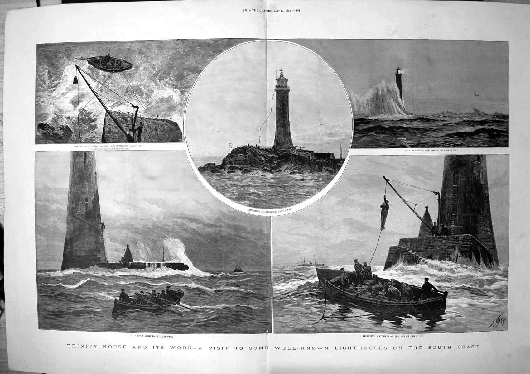 Antique Print Trinity House Work Lighthouses South Coast Wolf Needles 1892 19th