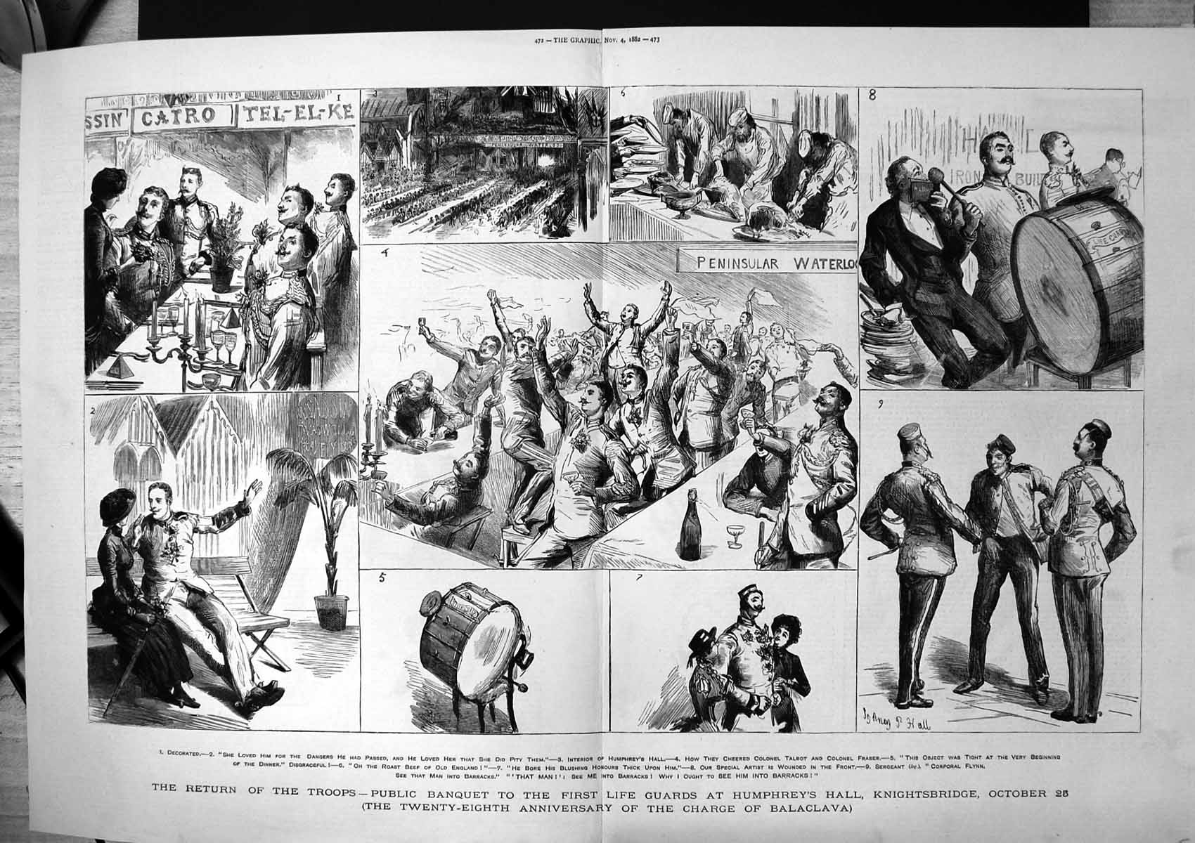 Old Print Return Troops Banquet First Life Guards Hall Knightsbridge 1882 19th