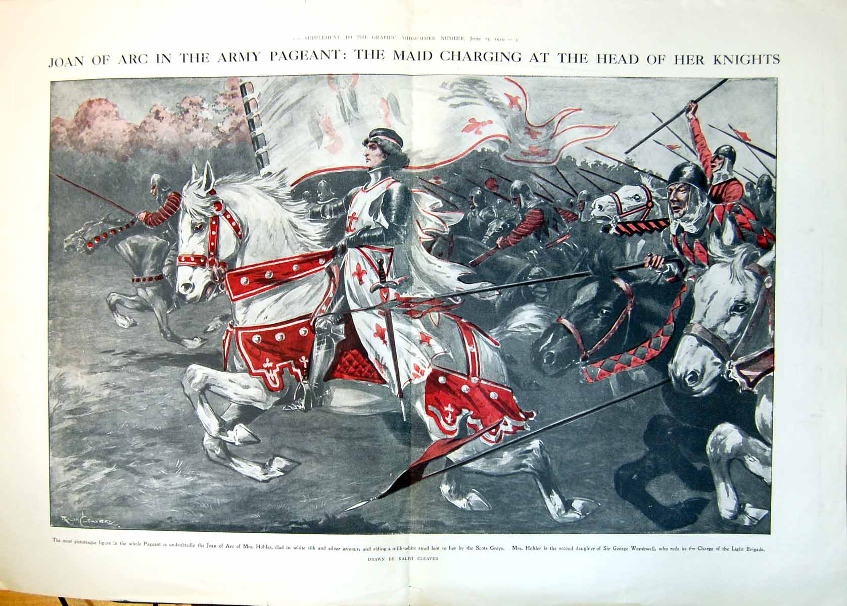 Antique Old Print Joan Arc Army Pageant Maid Charging Head Her Knights 1910