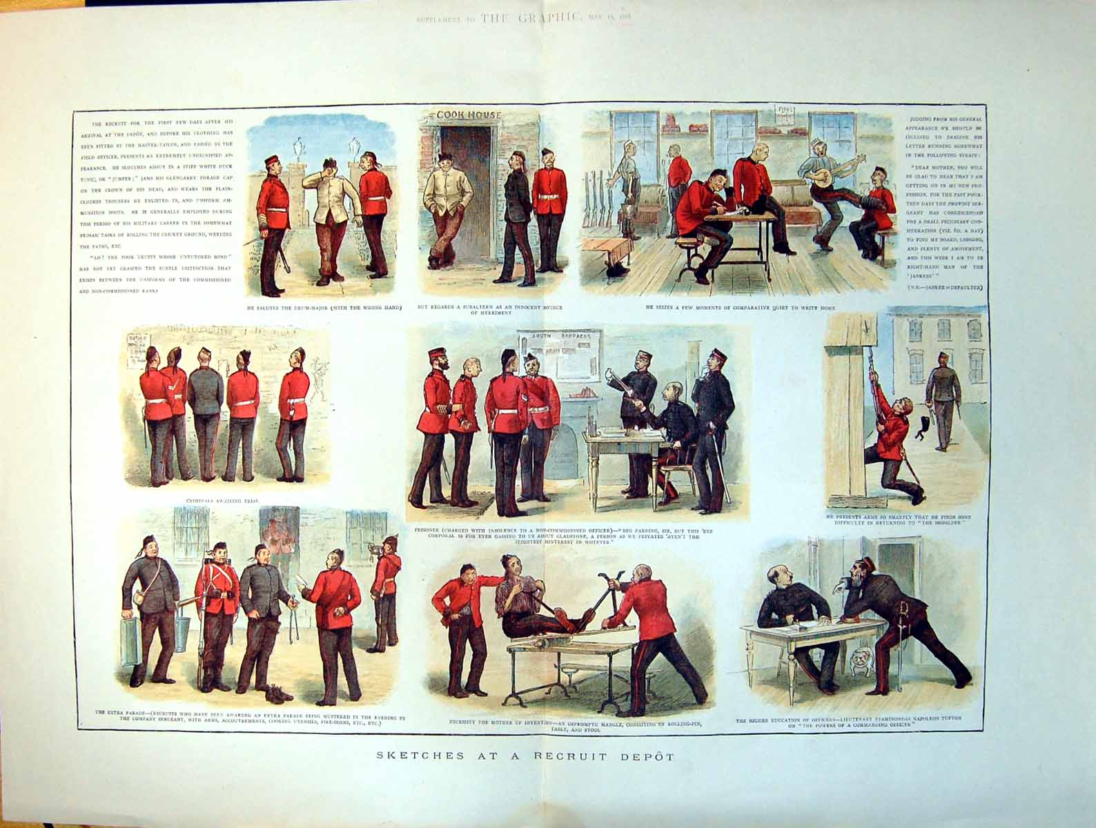 Antique Print Sketches Recruit Depot Salutes Drum Major Parade Arms C 1880 19th